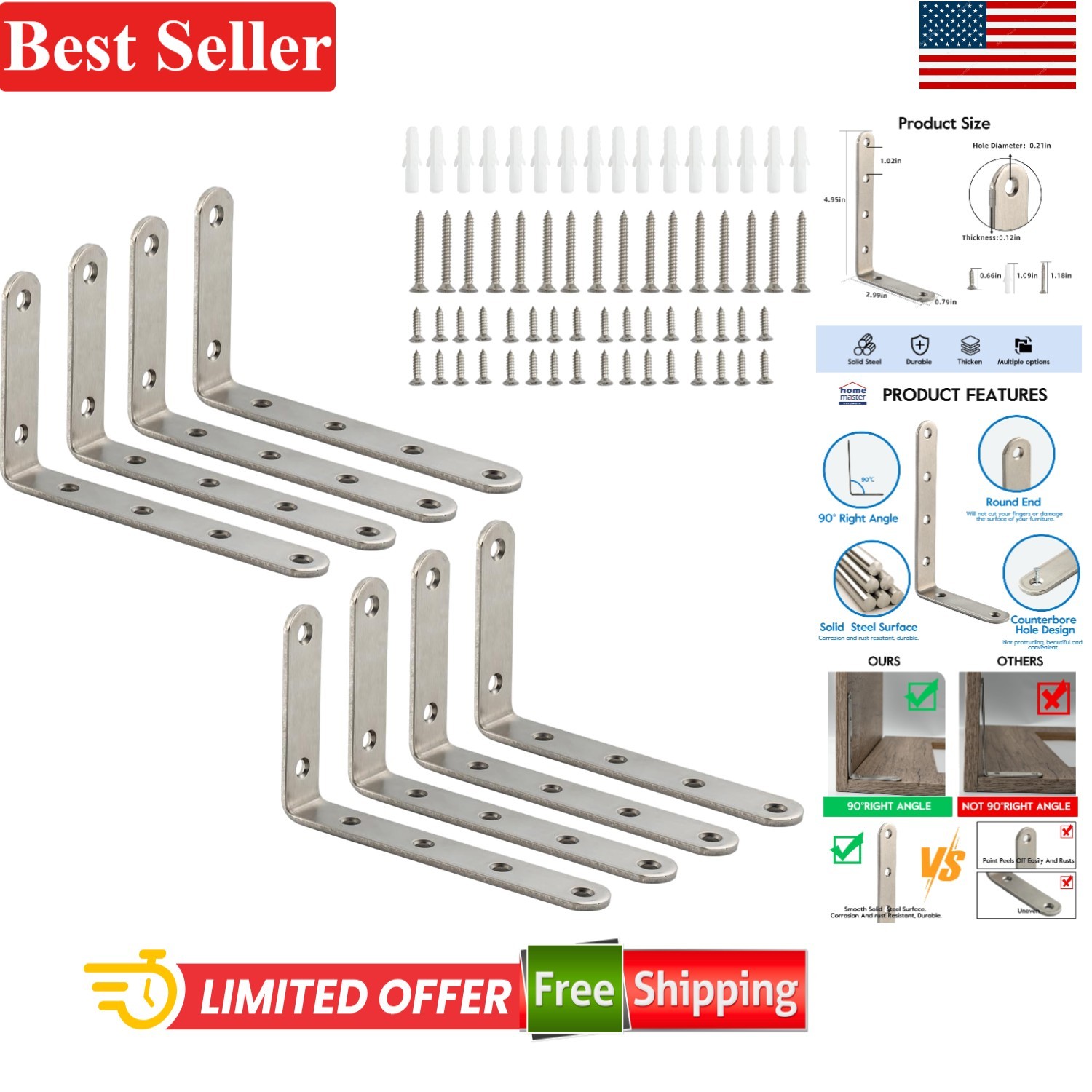 Corner Brace Stainless Steel L Bracket 5×3 in Wall Mount Shelf Support 8 Pack