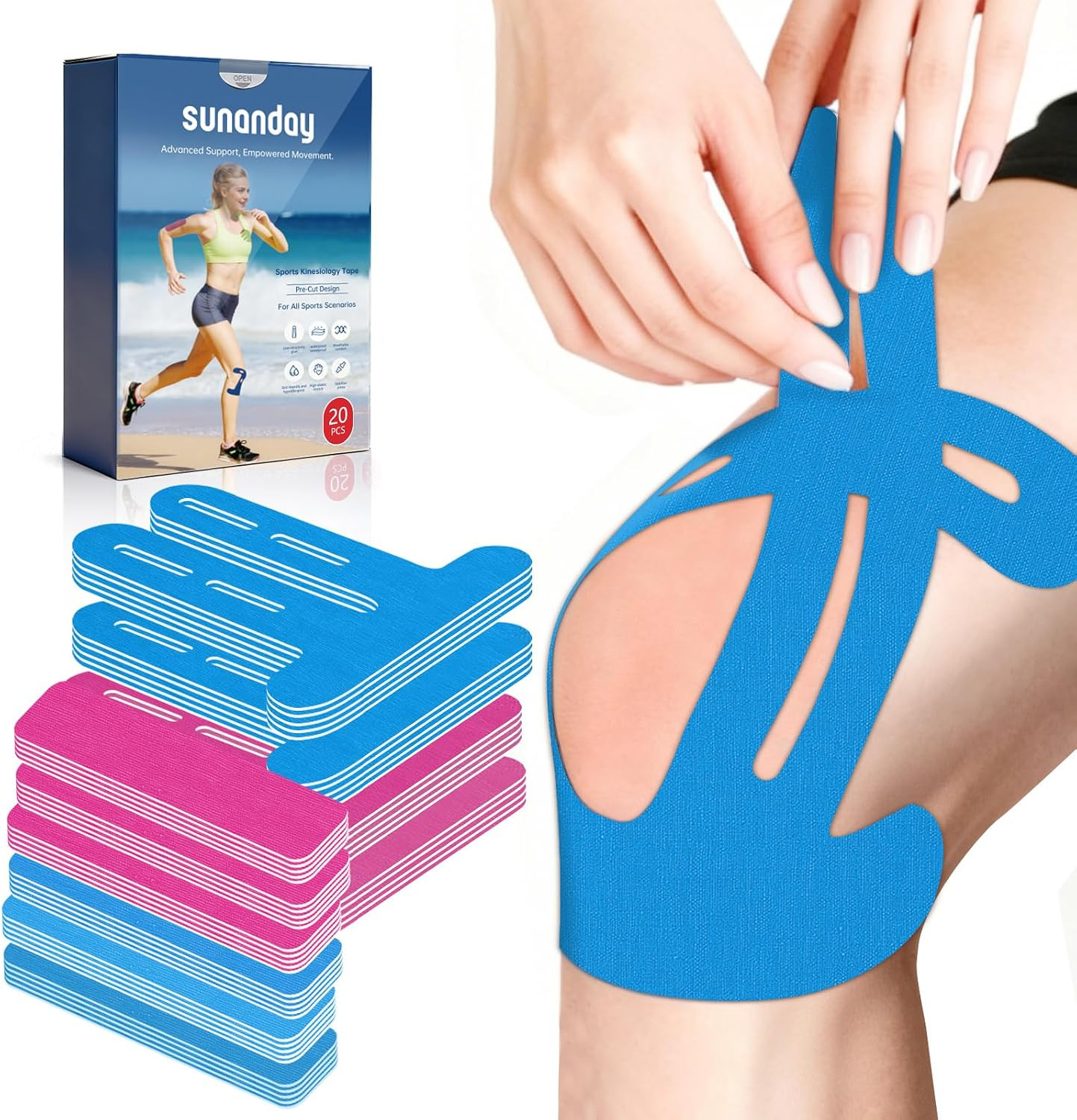 20 PCS Waterproof Kinesiology Tape, Precut Strips Knee Pain Relief Support | Lat