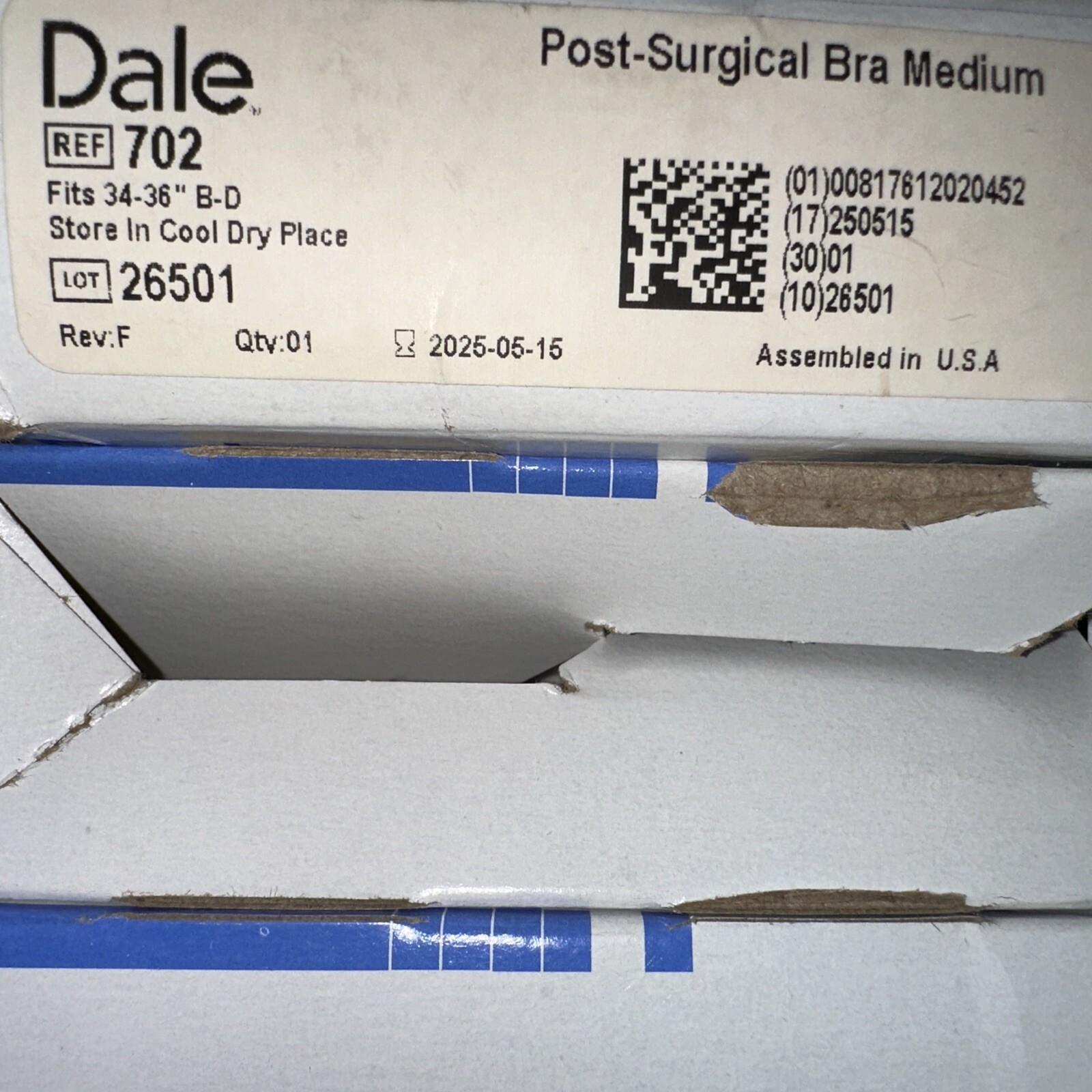 Post Surgical Bra, Medium Size B-D 34-36”, White, By Dale #702, Latex Free, New!