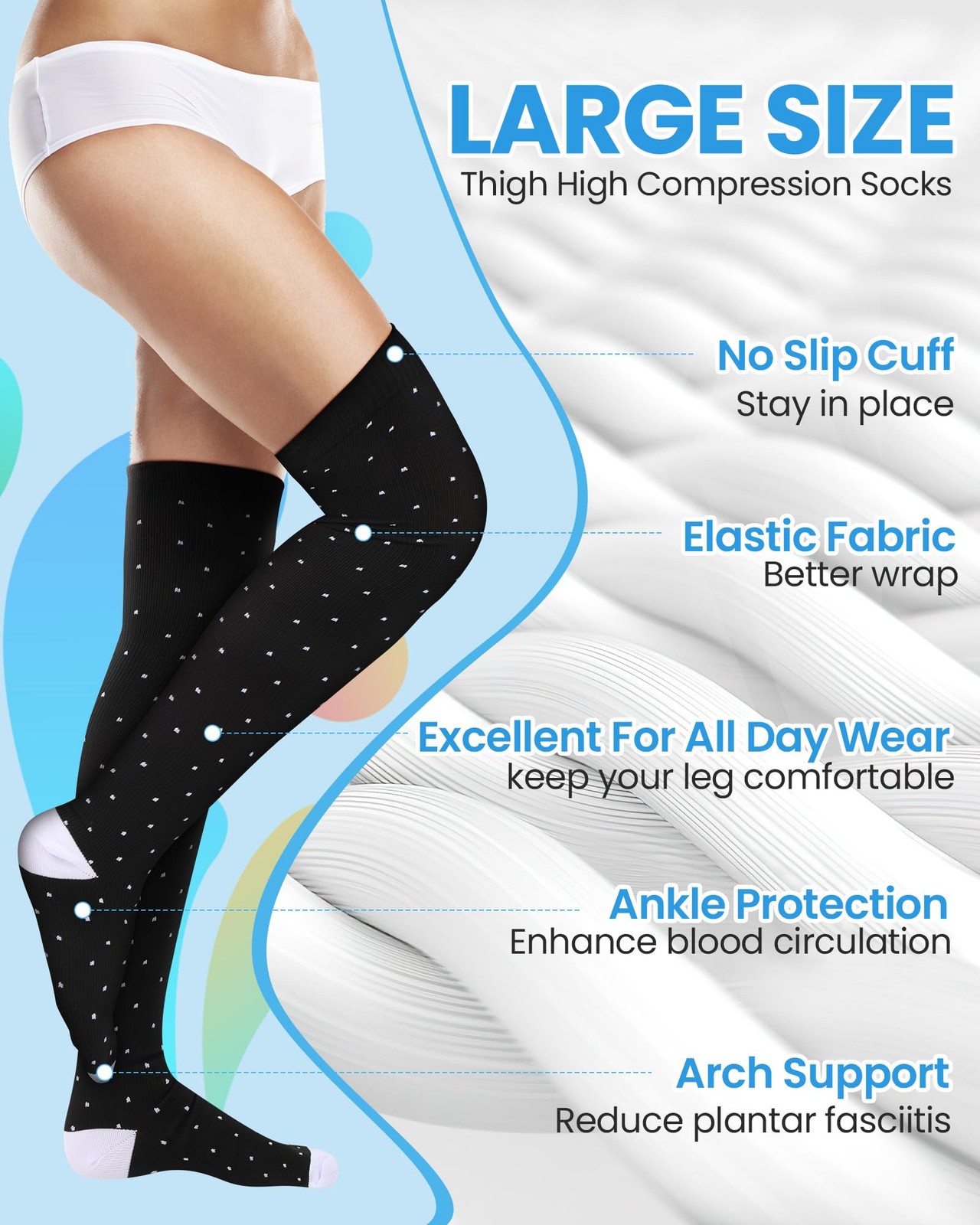 6 Pcs Large Size Thigh Compression Socks for Women Men large, Classic Style