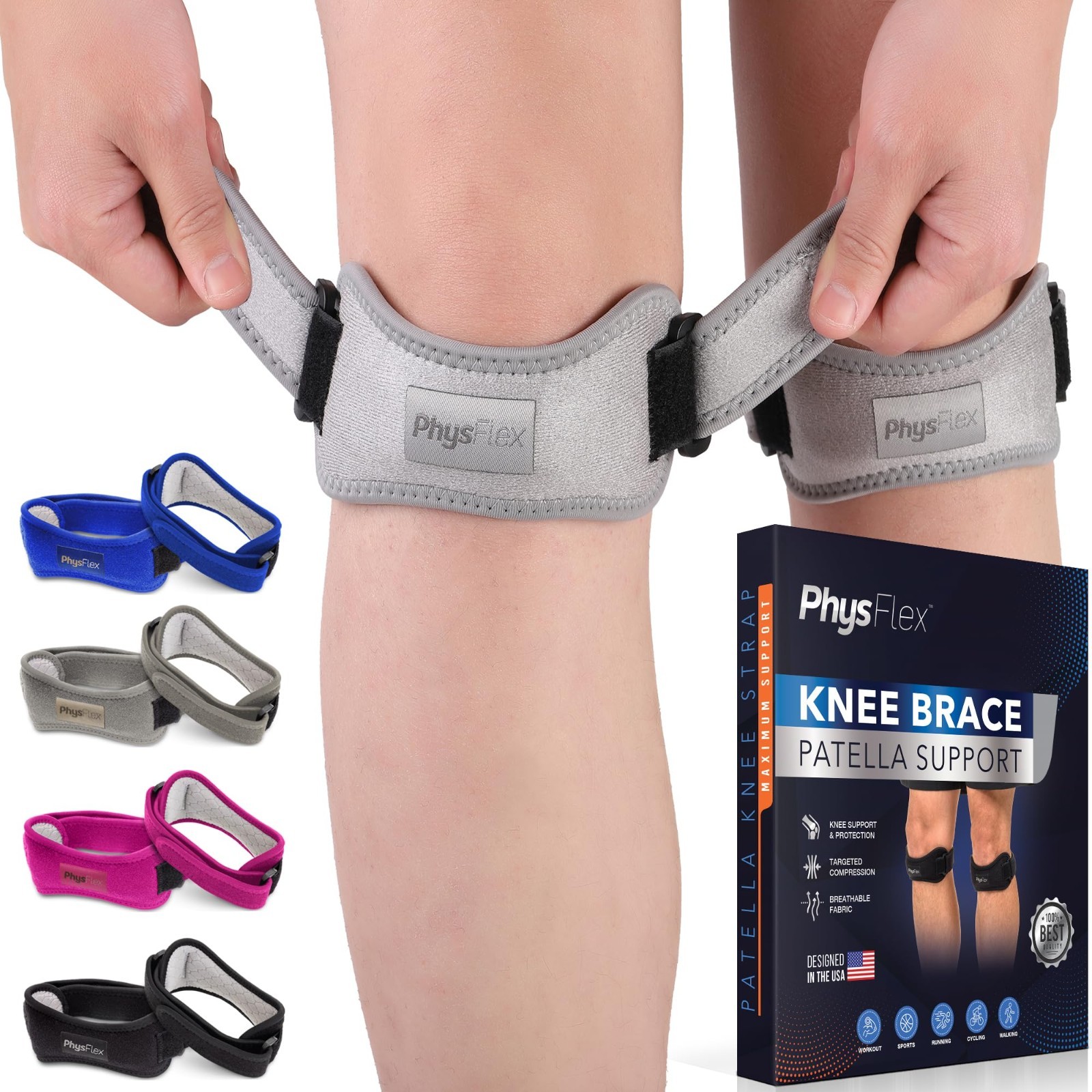 PhysFlex 2 Pack Patella Knee Brace Adjustable Strap Knee Support Gray