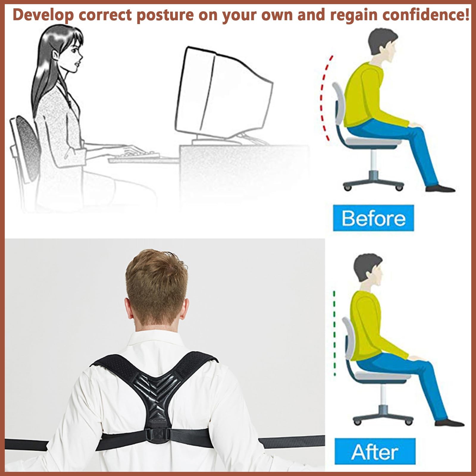 Posture Corrector for Women, Back Straightener Men, Upper Black