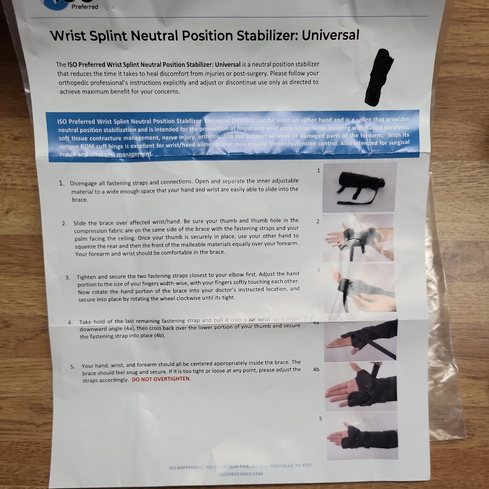 ISO-WR301 Preferred Wrist Splint Neutral Position Stabilizer Brace New In Bag
