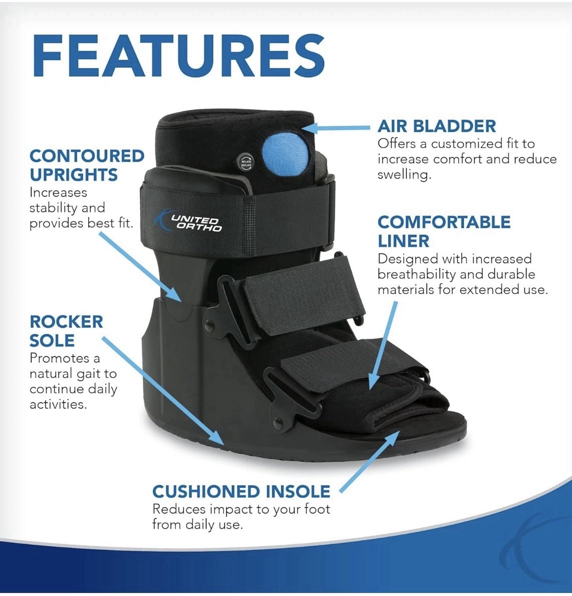United Ortho USA14115 Short Air Cam Walker Fracture Boot, Medium, Black