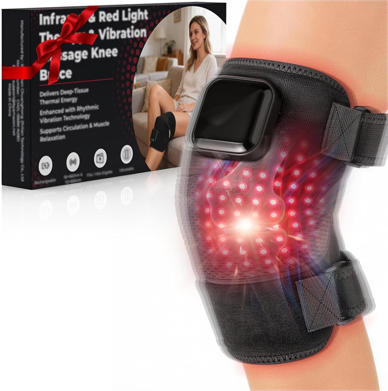 Cordless Red Light Therapy Knee Brace with Heat & Vibration for Pain Relief