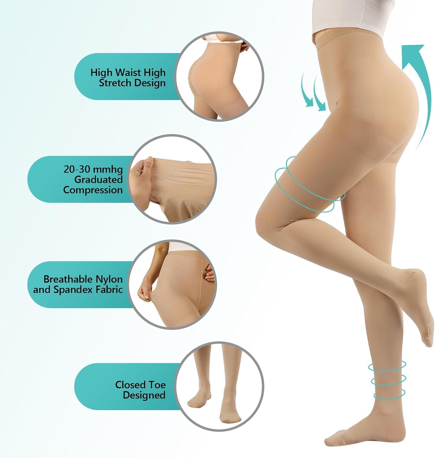 Compression Pantyhose 20-30 mmHg Closed Toe Support Stockings