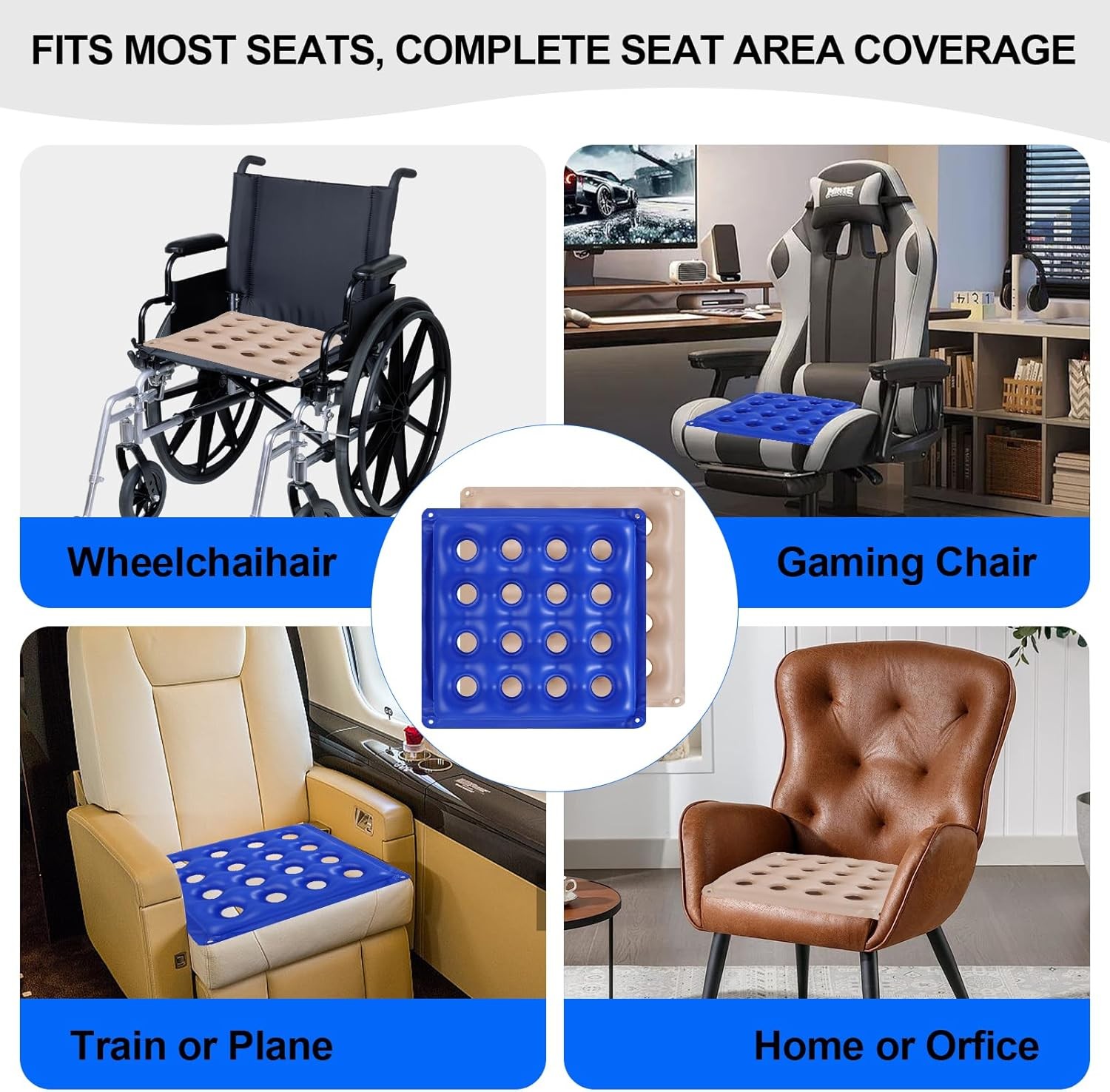 2-Pack Inflatable Seat Cushions, Pressure Relief Waffle Large, Blue and Cream