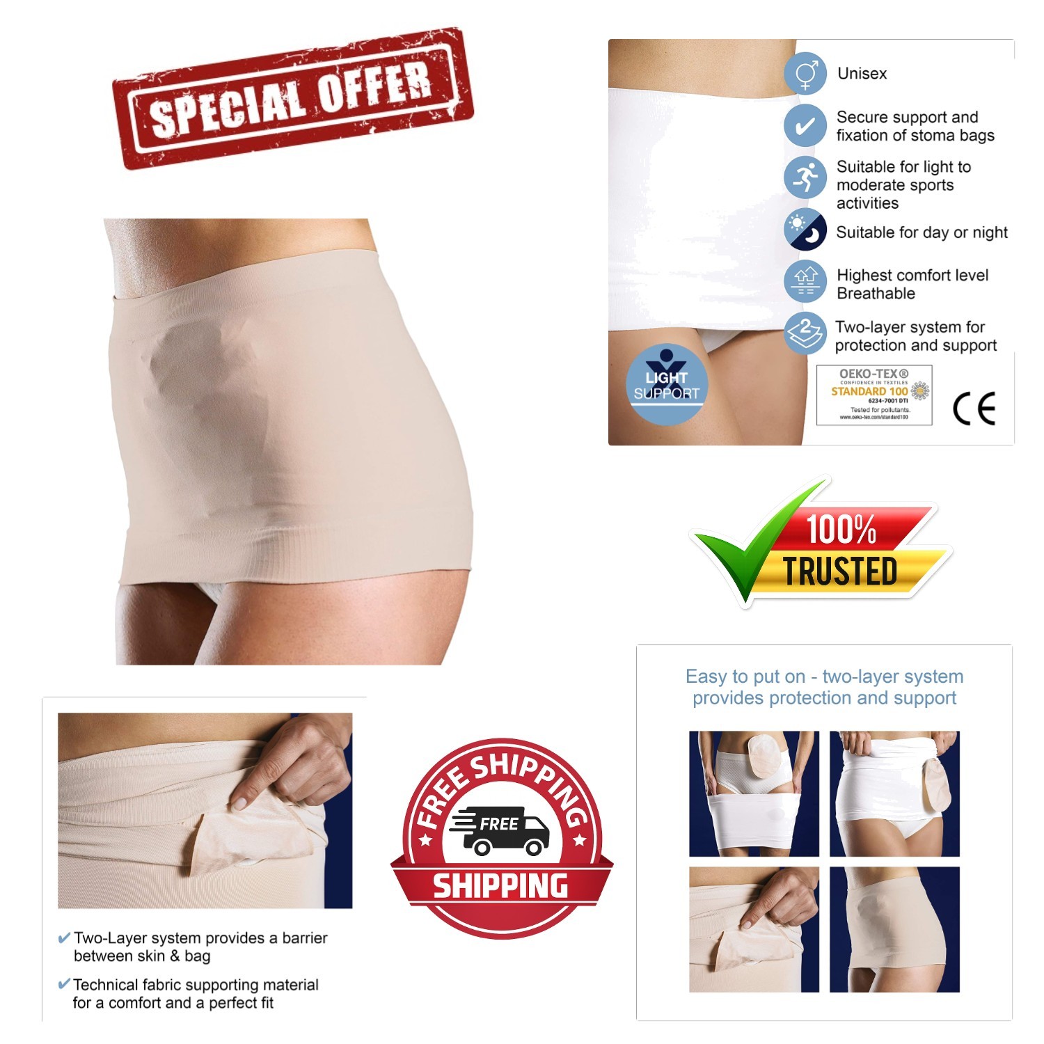 Beige StomaSafe Plus Ostomy Support Garment for Active Adults, S/M Size