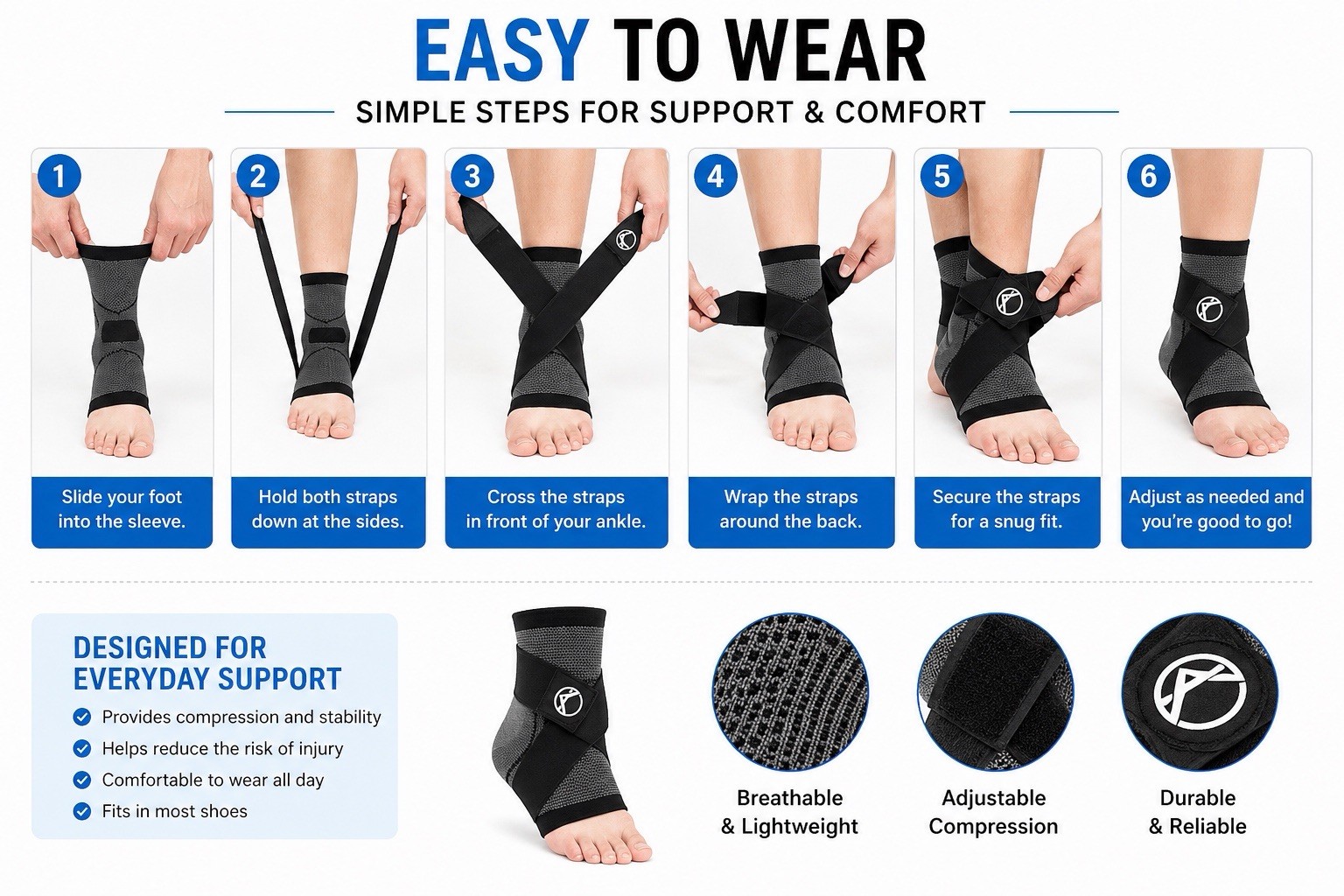 KOPREZ Ankle Compression Sleeve Brace w/ Adjustable Support Straps 2Black L