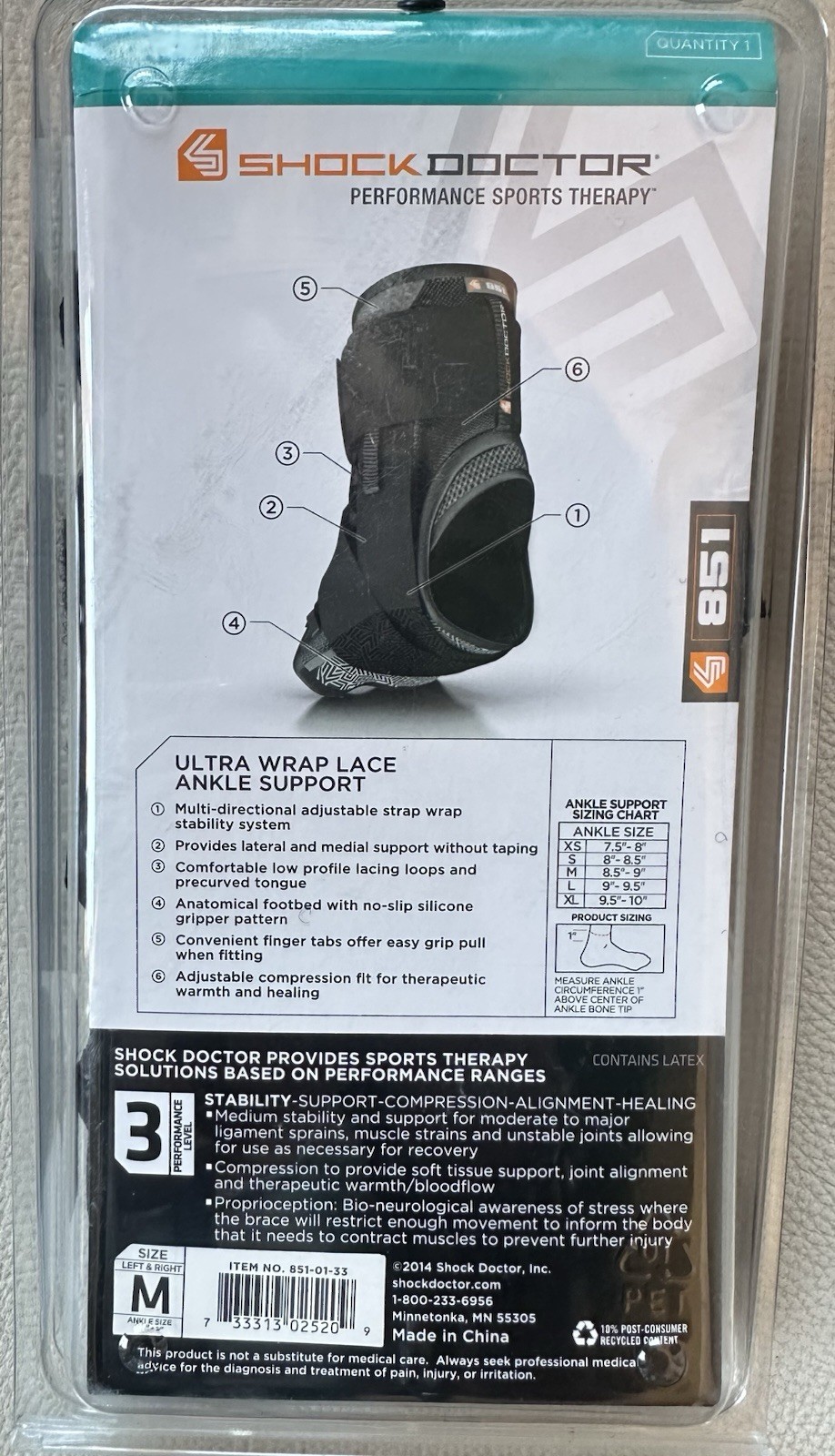 Shock Doctor 851 Ultra Wrap Lace Ankle Support Brace Size M Left/Right Black NIP