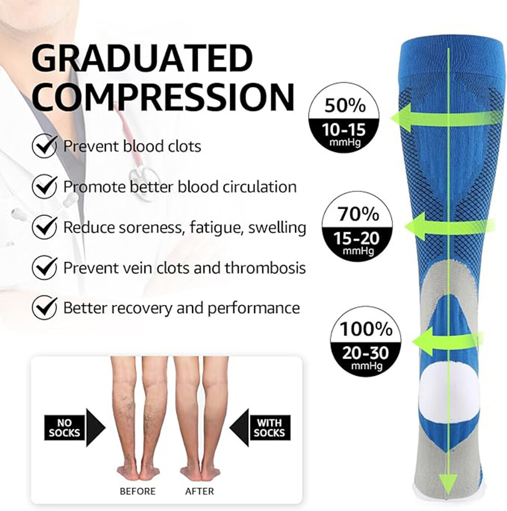 Sport Compression Socks Stockings Knee High Womens Mens Medical 20-30 mmHG Gym