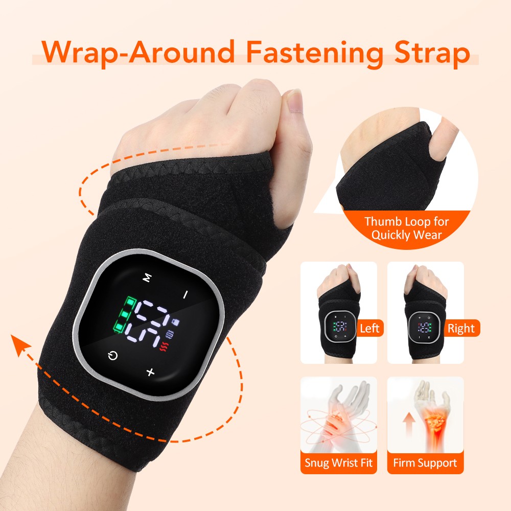 USB Rechargeable Heated Wrist Brace Wrap Hand Massager Vibration for Pain Relief