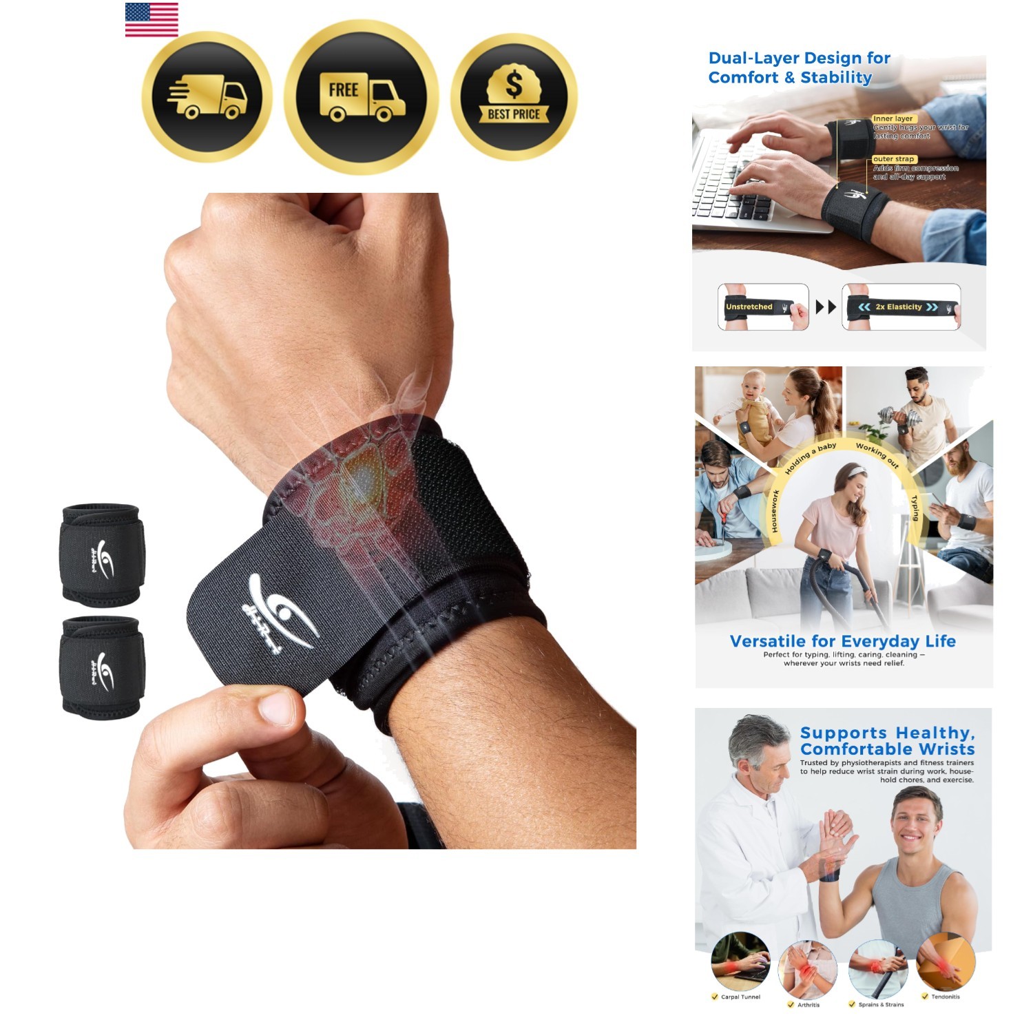 2 Pack Wrist Compression Straps – Dual‑Layer Wrist Brace for Pain Relief & Su…