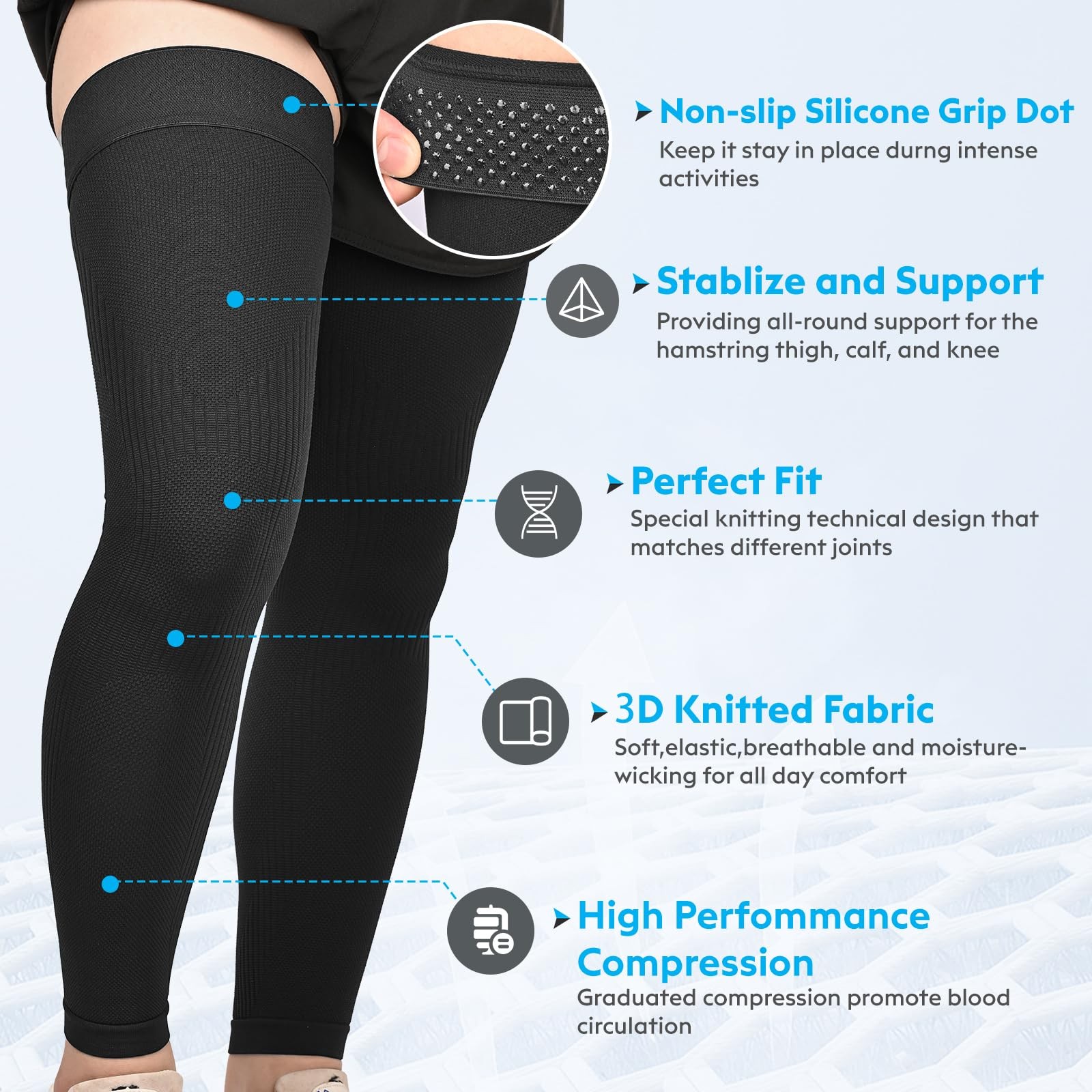 KEKING Full Leg Compression Sleeves, 20-30mmHg Graduated, 3X-Large, All Black