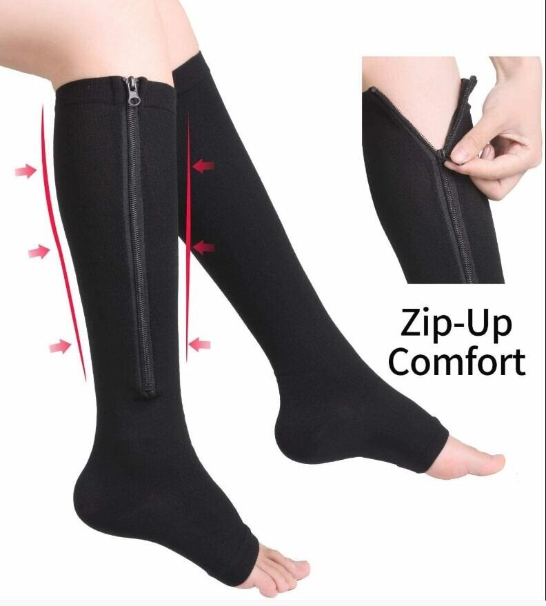 Zipper Compression Calf Leg Shin Support Socks BIG TALL Open Toe 15-20 mmHg US