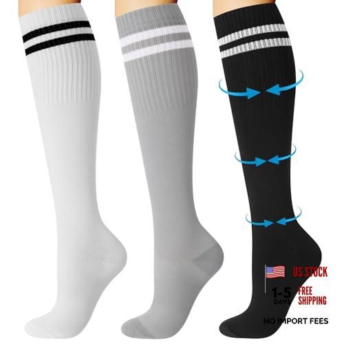 3 Pairs Striped Compression Socks for Men Women 15-25mmHg Black, White, Gray