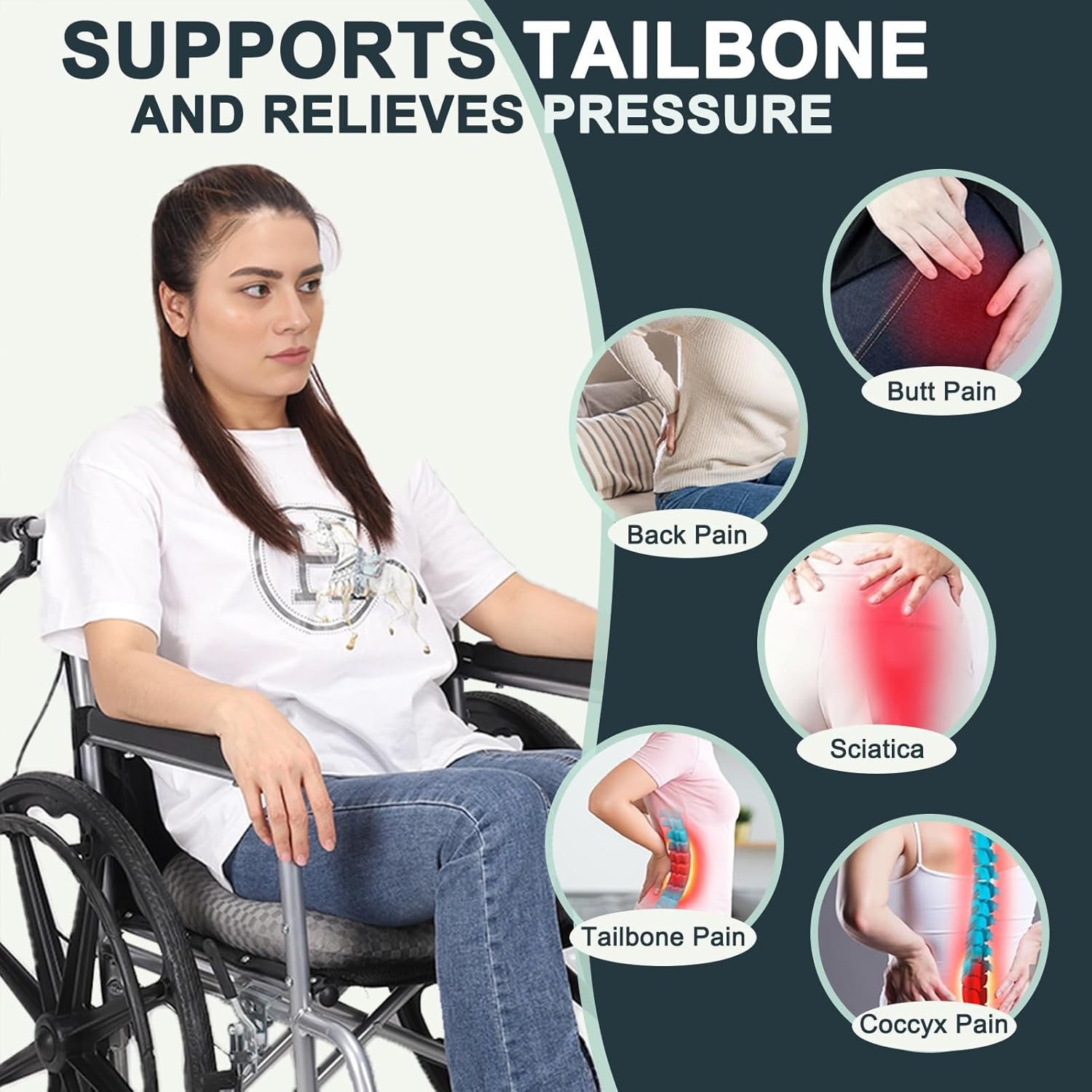 Anti-Slip Wheelchair Cushions, Bed Sore Cushions for Butt, Ergonomic Black