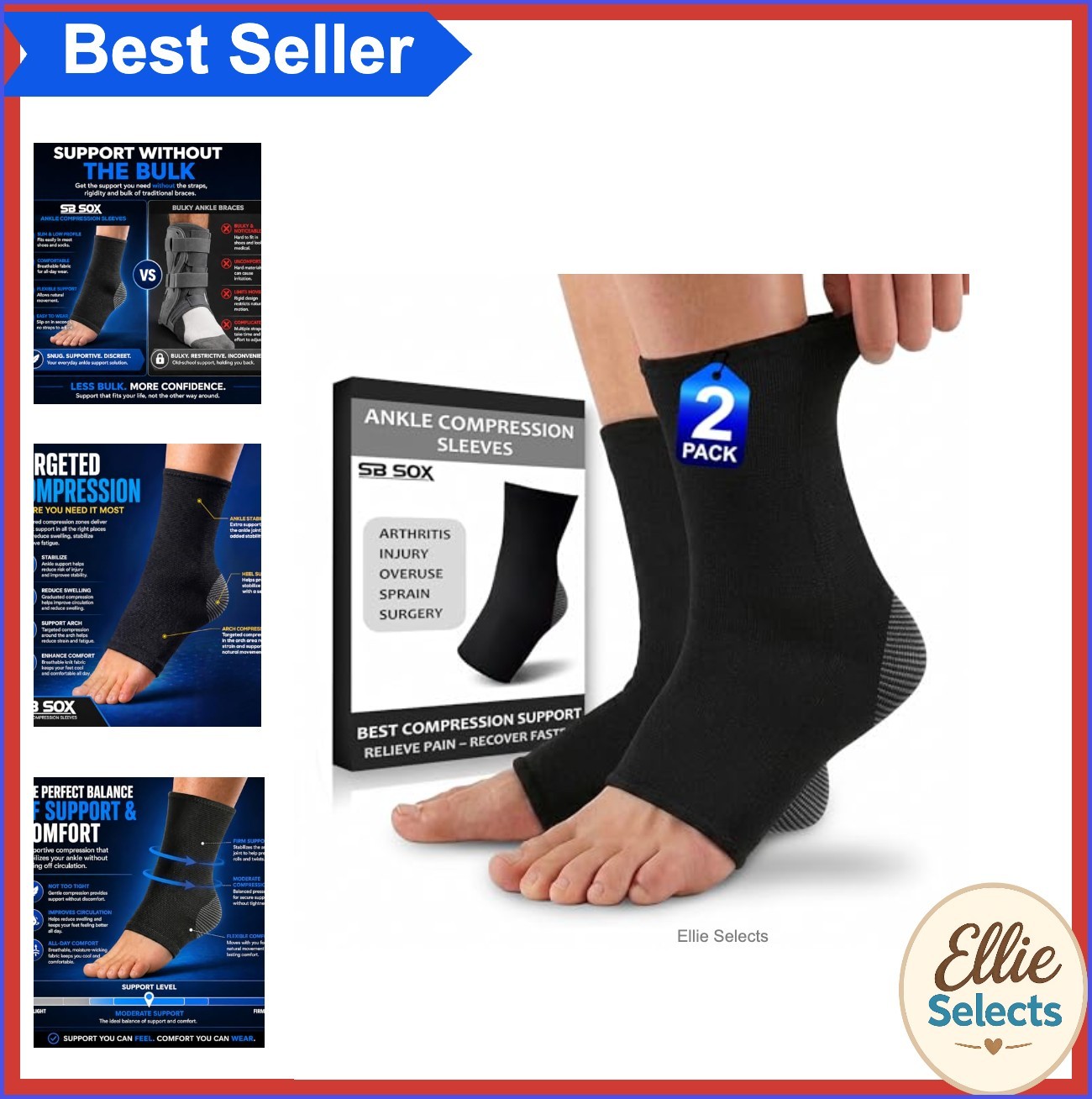 Ankle Brace Compression Sleeve 2 Pack Plantar Fasciitis Achilles Relief Men