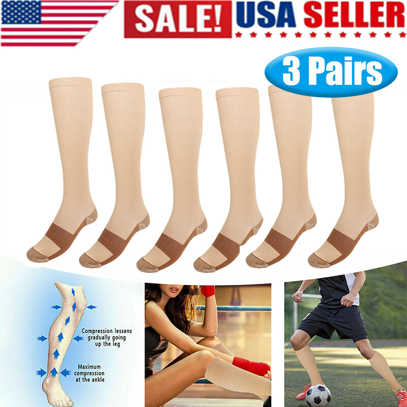 [3 Pairs] Copper Compression Socks 20-30mmHg Graduated Support Mens Womens S-XXL