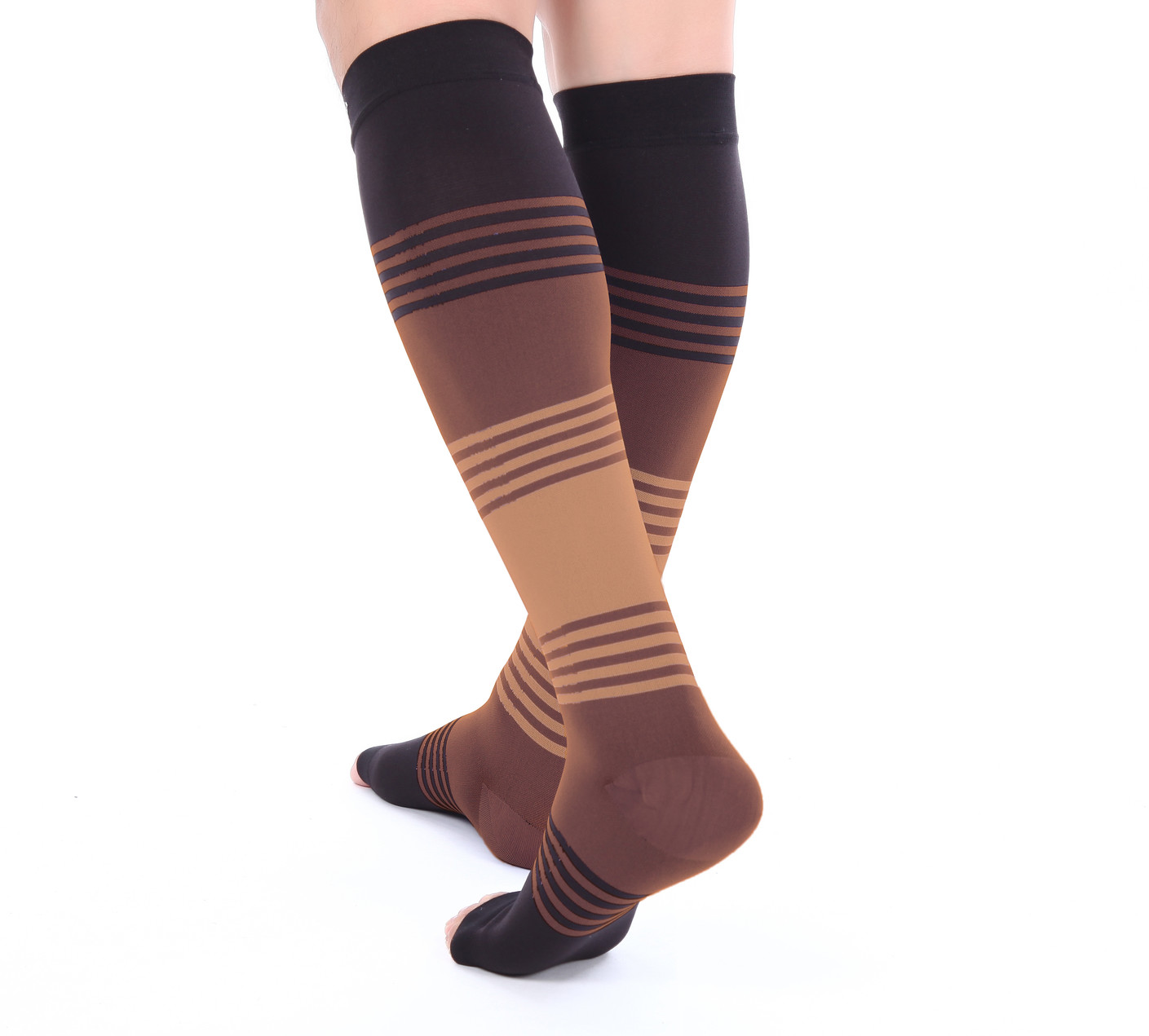 Doc Miller Open Toe Socks Compression Sleeve 20-30 mmHg Varicose Veins BLACK/TAN