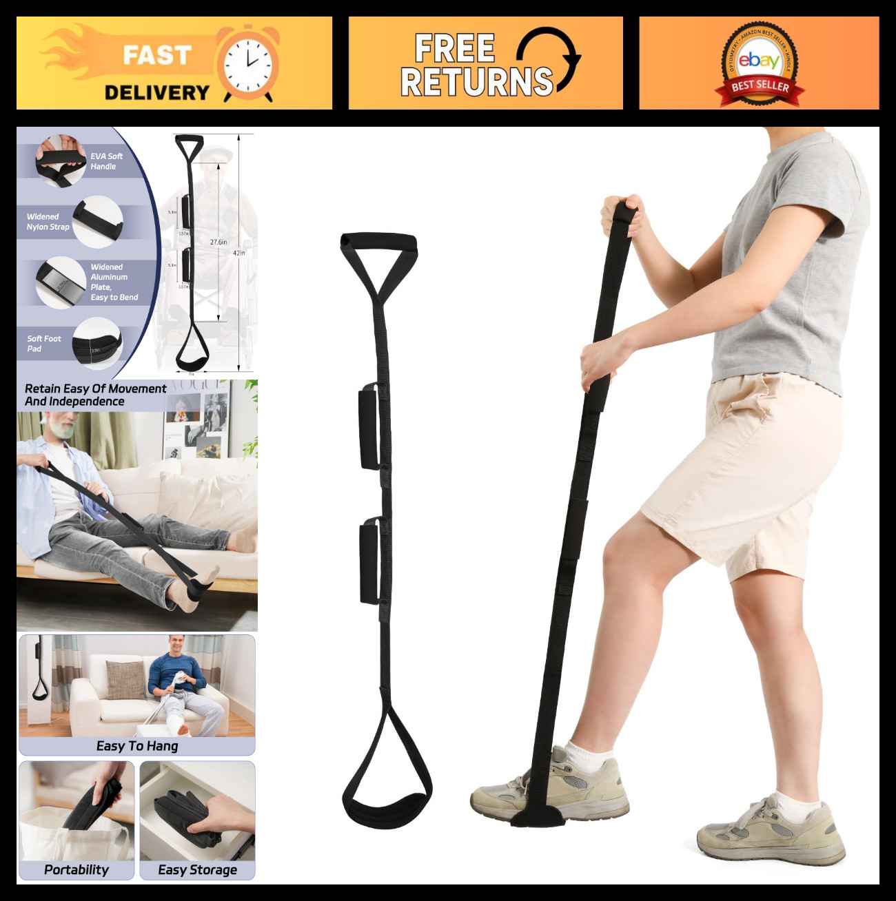 42″ Leg Lifter Strap with Soft Grips & Foot Pad – Ideal for Hip Replacement, Whe