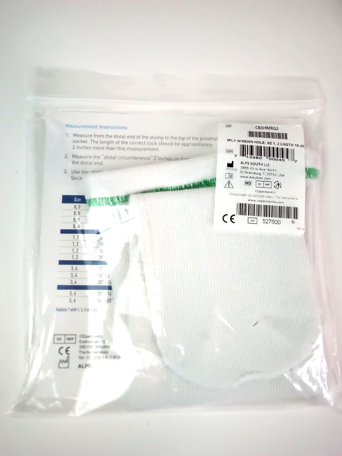 Cool Blue 3 Ply Prosthetic Sock w/ Hole SZ 1, 2 Length 16 – 20 Model CB3HMRG2