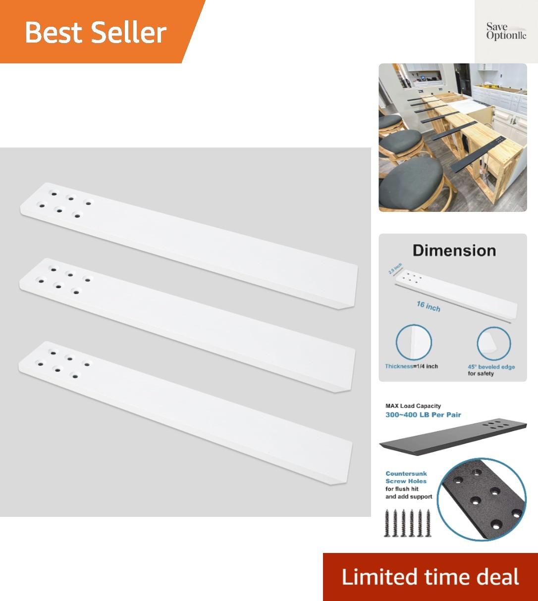 Countertop Support Bracket 3 Pack 16″ Lx 2.5″ W Hidden White Knee Wall Suppor…