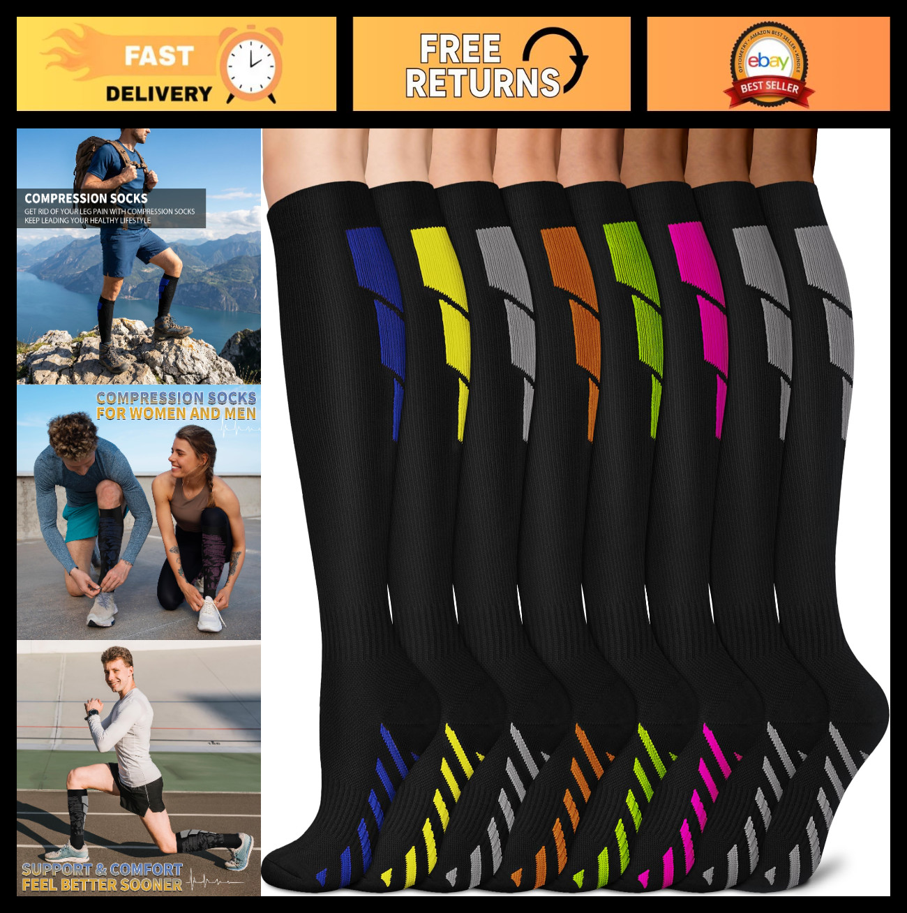 Compression Socks for Men & Women – 8 Pack Knee High 15-20mmHg Support for Runni