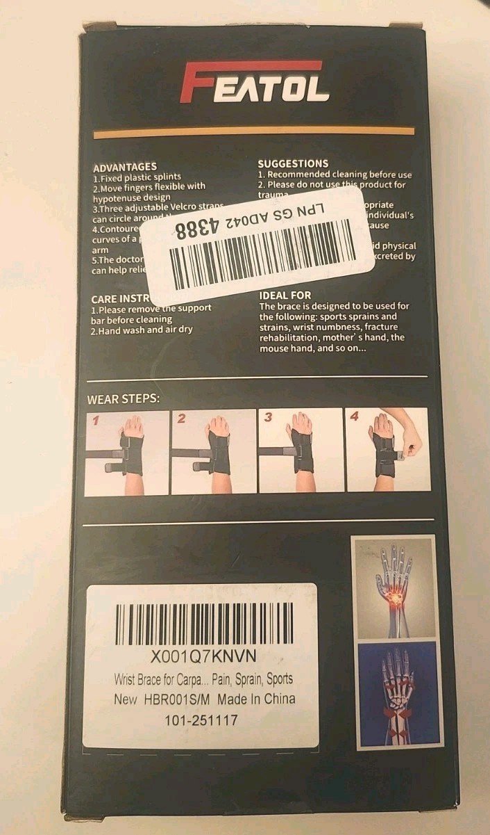 FEATOL Wrist Brace Right Hand S/M Carpal Tunnel Support Splint Open Box unused