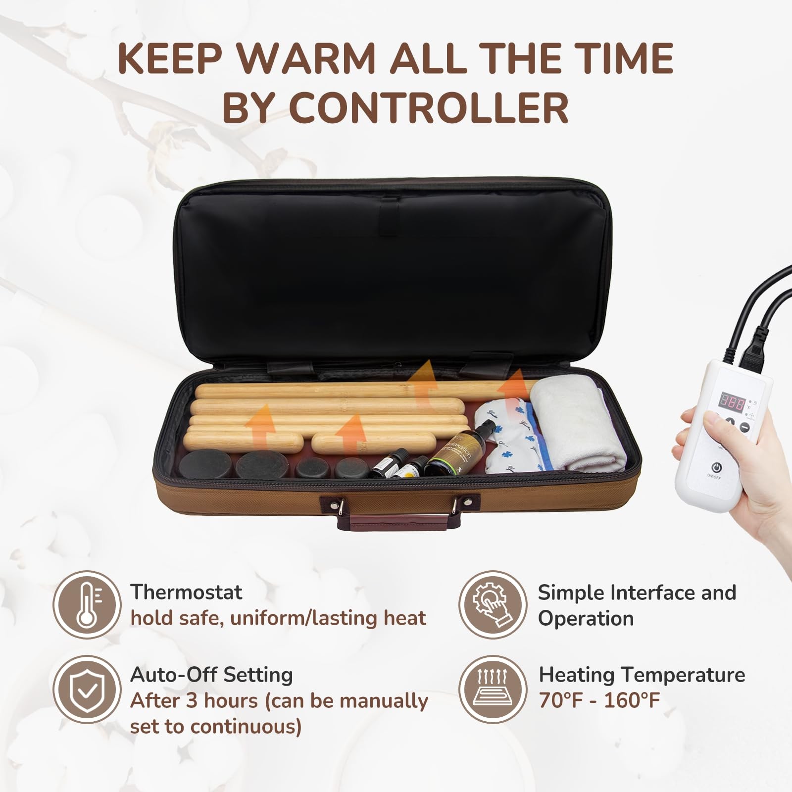 Portable Massage Stone Warmer Electric Heater with 12 sticks, Brown