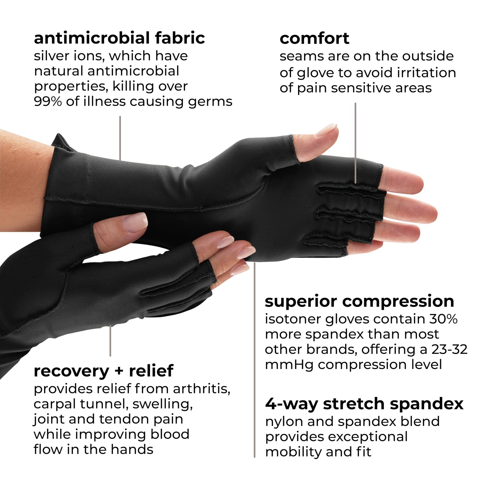 Isotoner Compression Gloves Black X Small Therapeutic Support for Arthritis