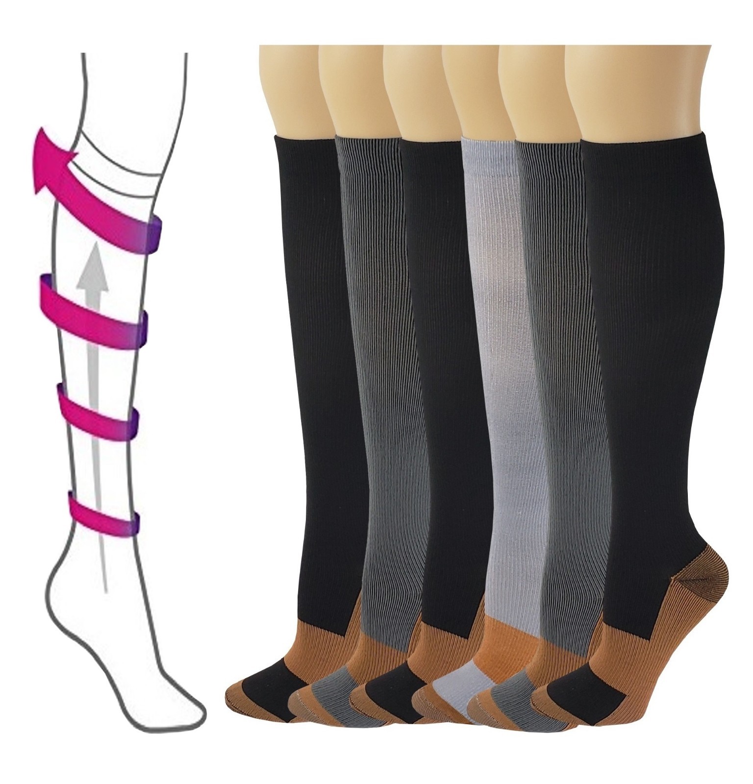 6 Pairs Extreme Support Men & Women Therapeutic Compression Knee High Socks
