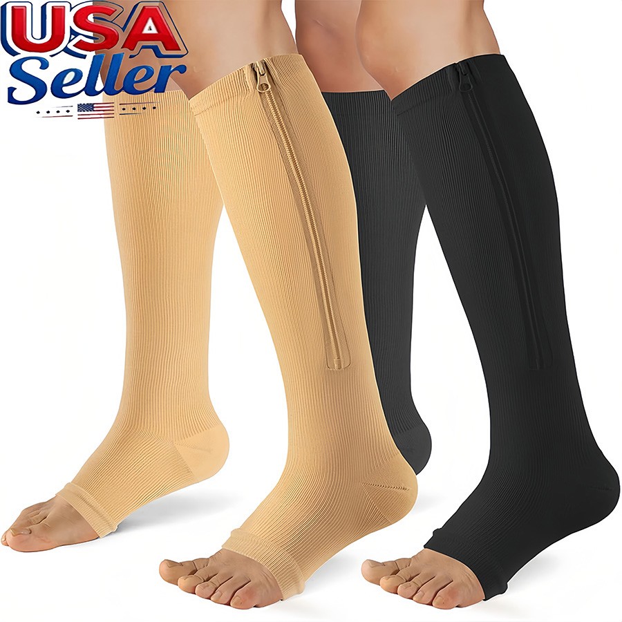 1/3PAIR Zip Up open Toe Compression Zipper Socks Calf Support Stocking Men Women