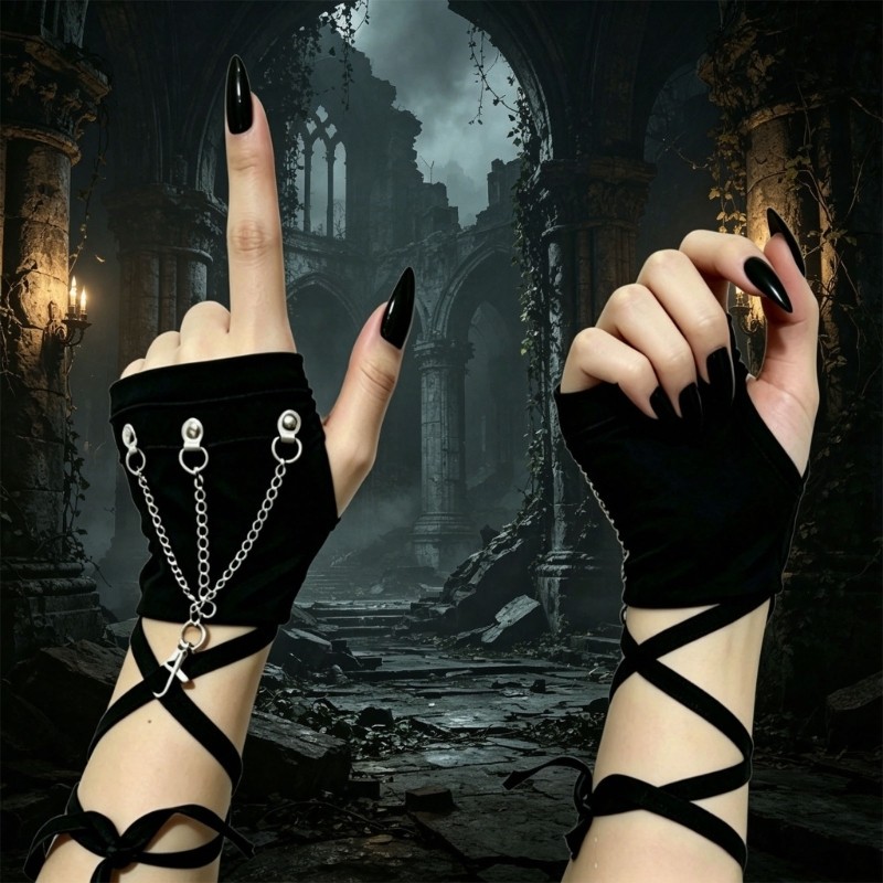 Black Fingerless Sleeve Cuffs Gloves with Wrap Straps for Theme Party Wear