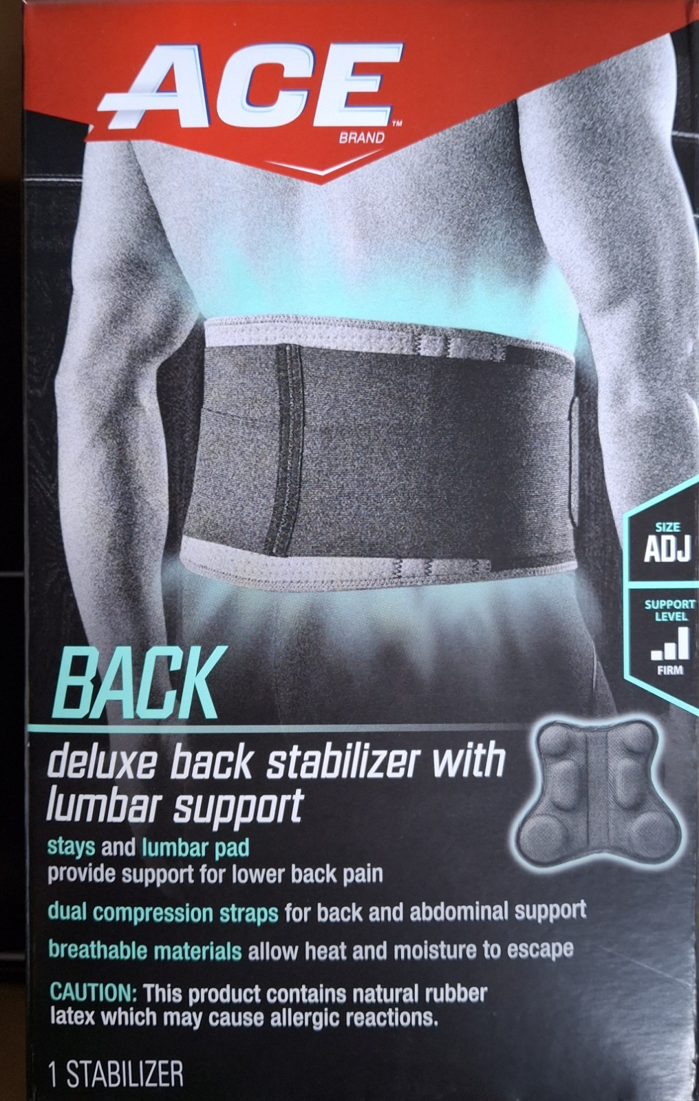 ACE Deluxe Back Stabilizer Back Brace Lumbar Support Adjustable Black Neoprene