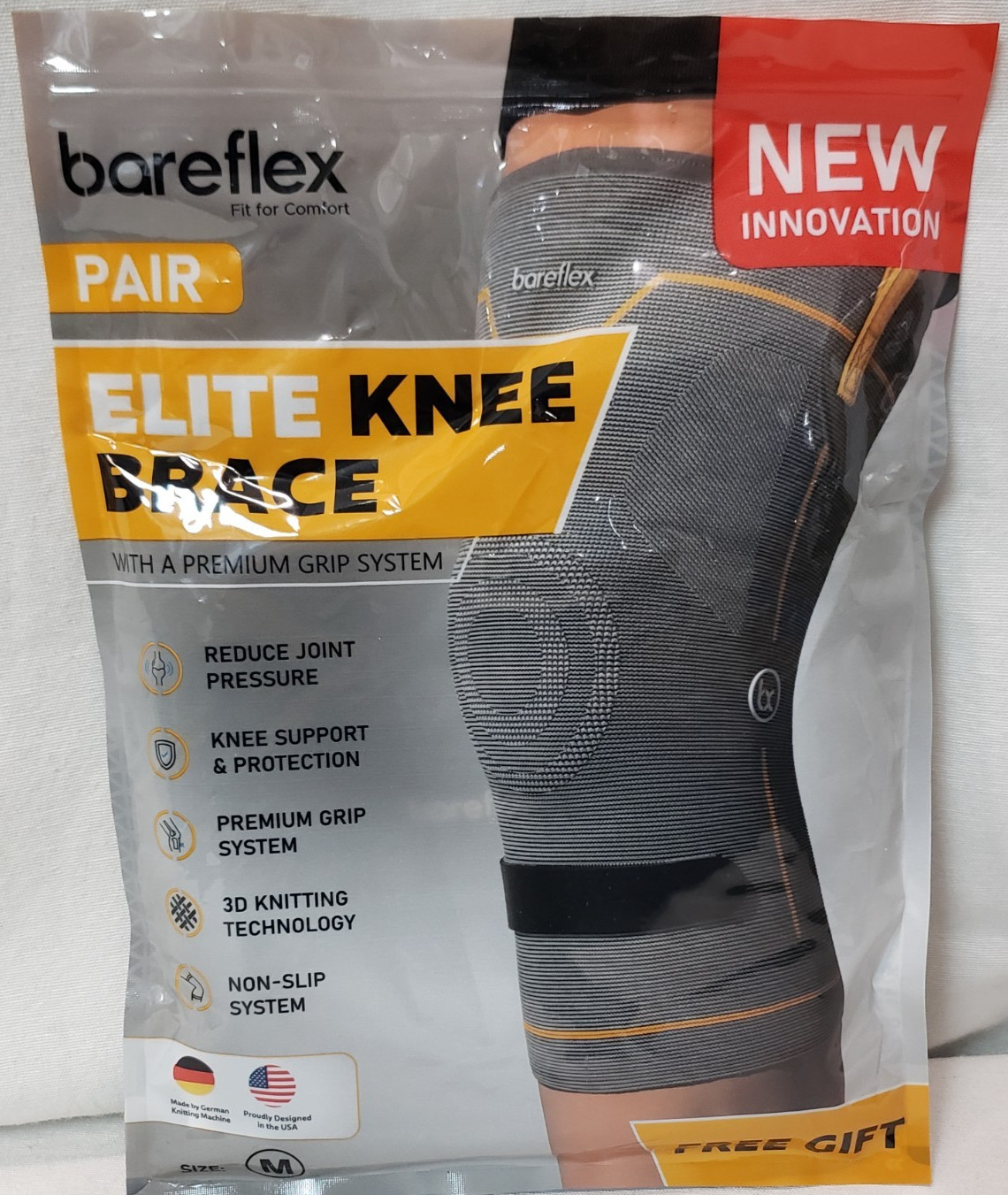 Bareflex Elite Compression Knee Brace Support Compression Sleeve, Gray, 1Pair, M
