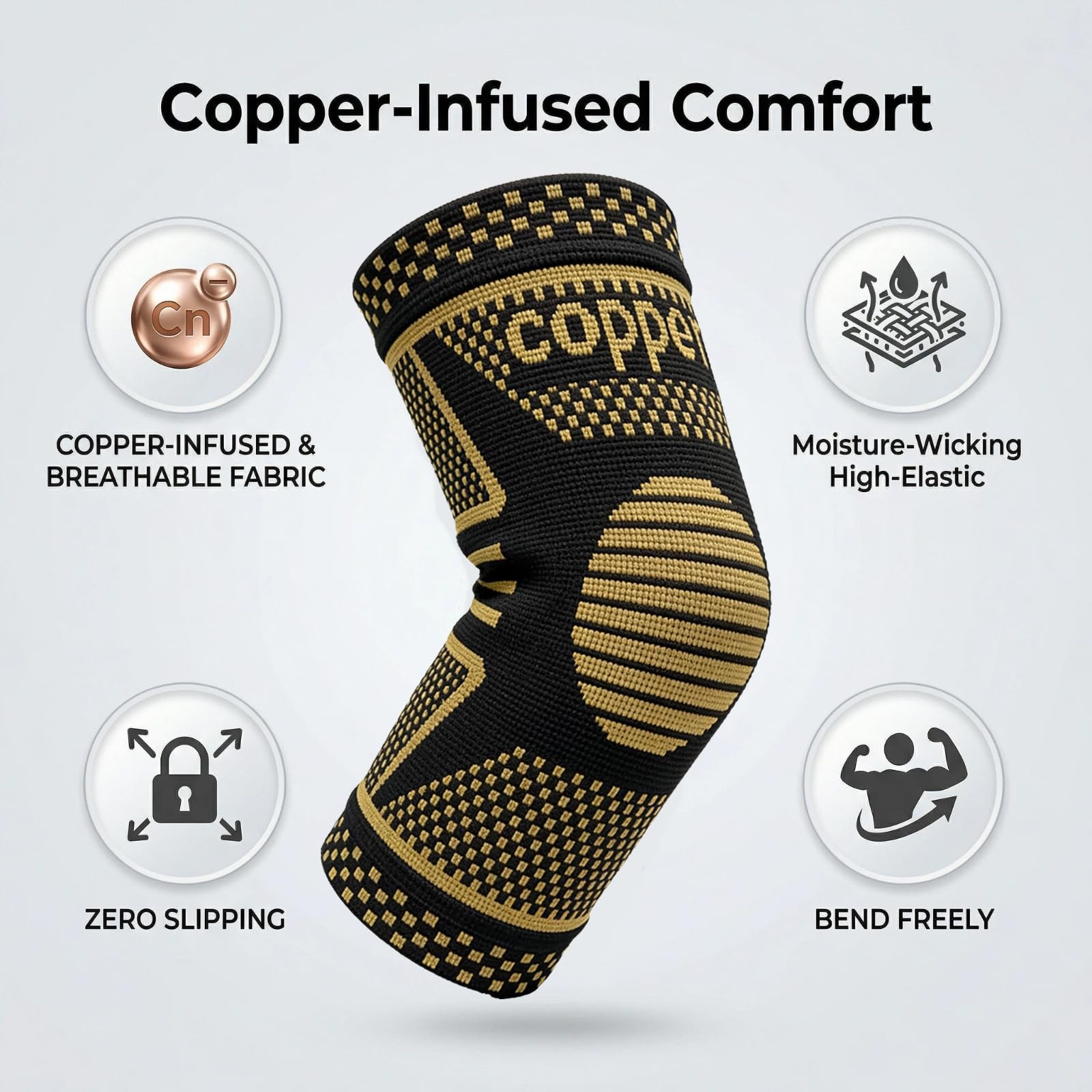 JIQUD Copper Elbow Compression Sleeve, Tennis Medium, Black-Copper