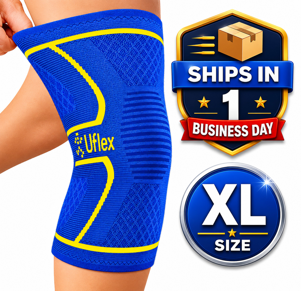 Knee Brace Compression Sleeve Unisex XL Blue/Gold for Arthritis Pain Swelling +