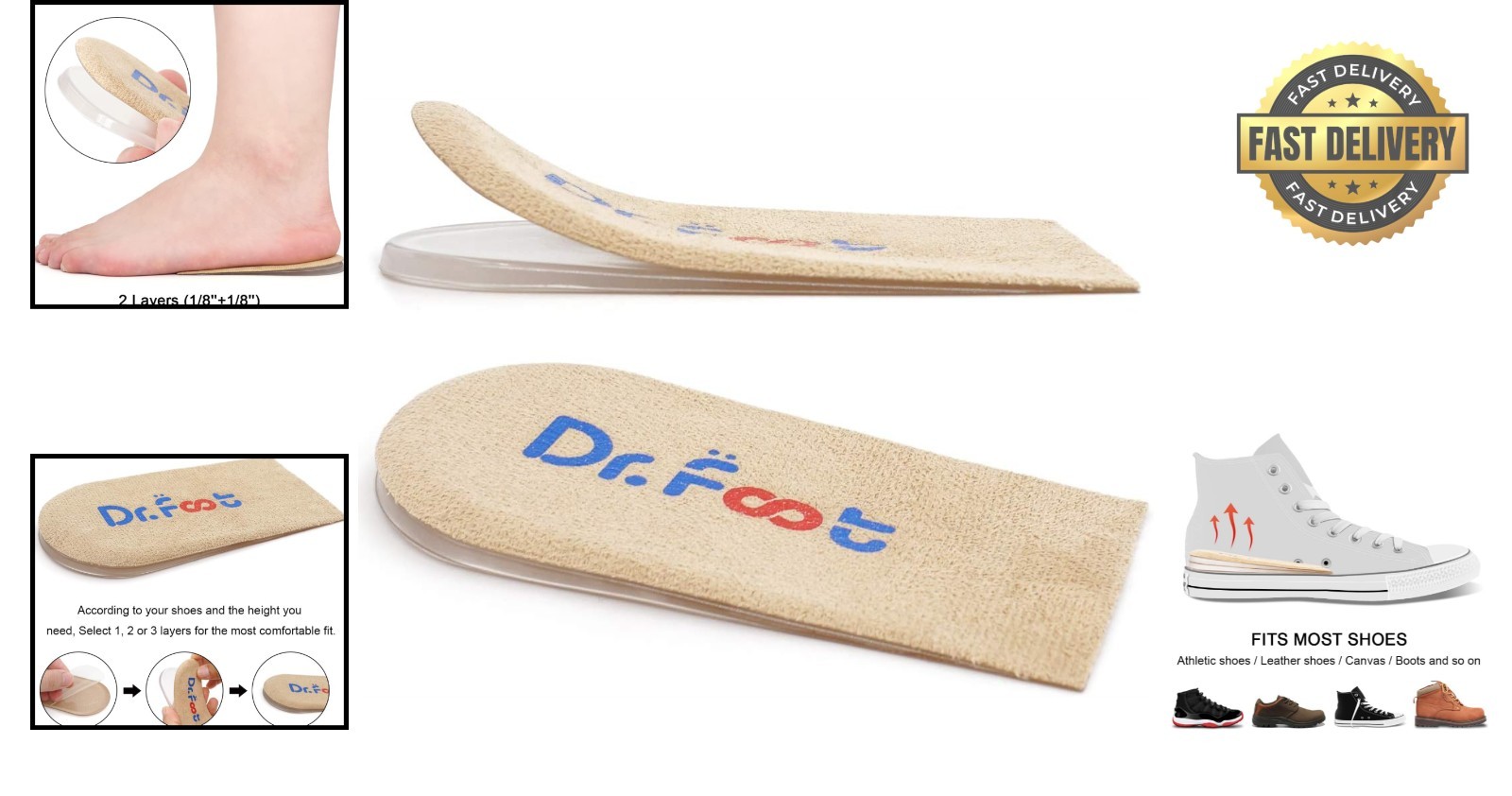Dr.Foot Adjustable Heel Lift Inserts | Orthopedic Gel Insoles – Beige, 2 Layers