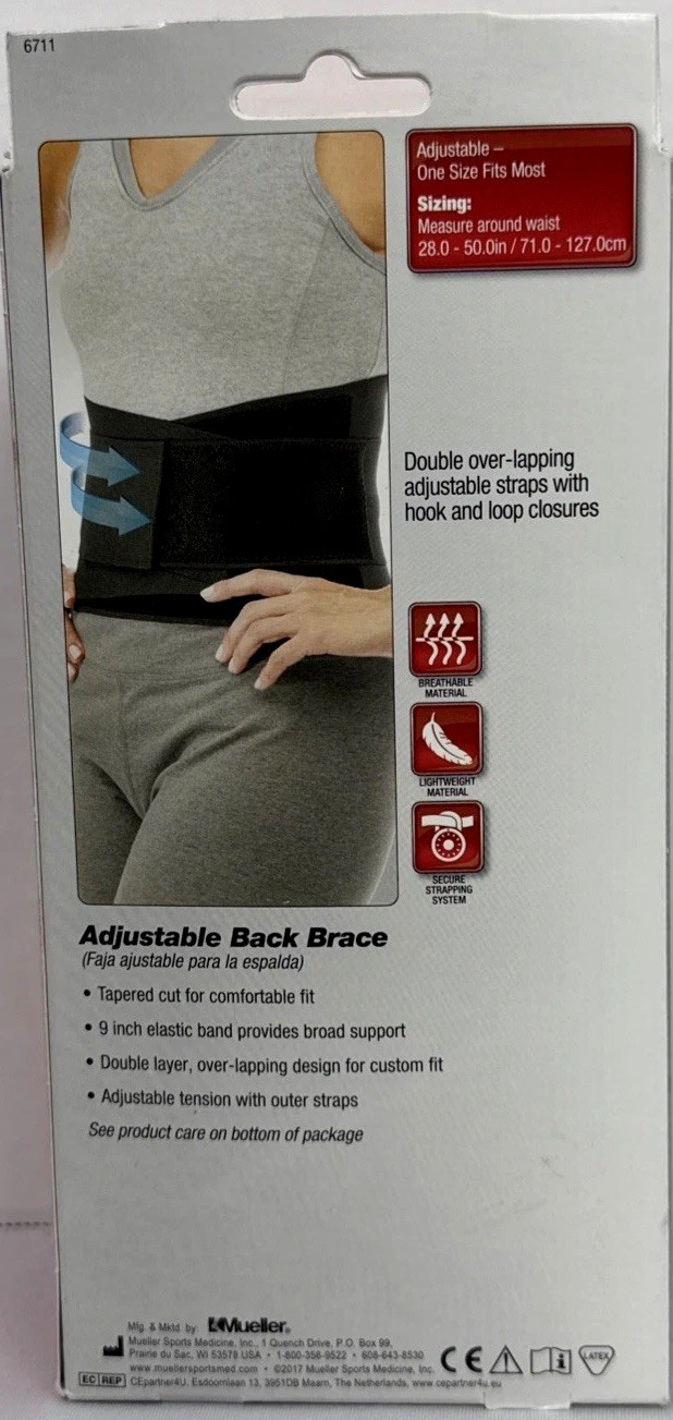 Mueller Adjustable Back Brace Support Belt – One Size Fits Most – Open Box New