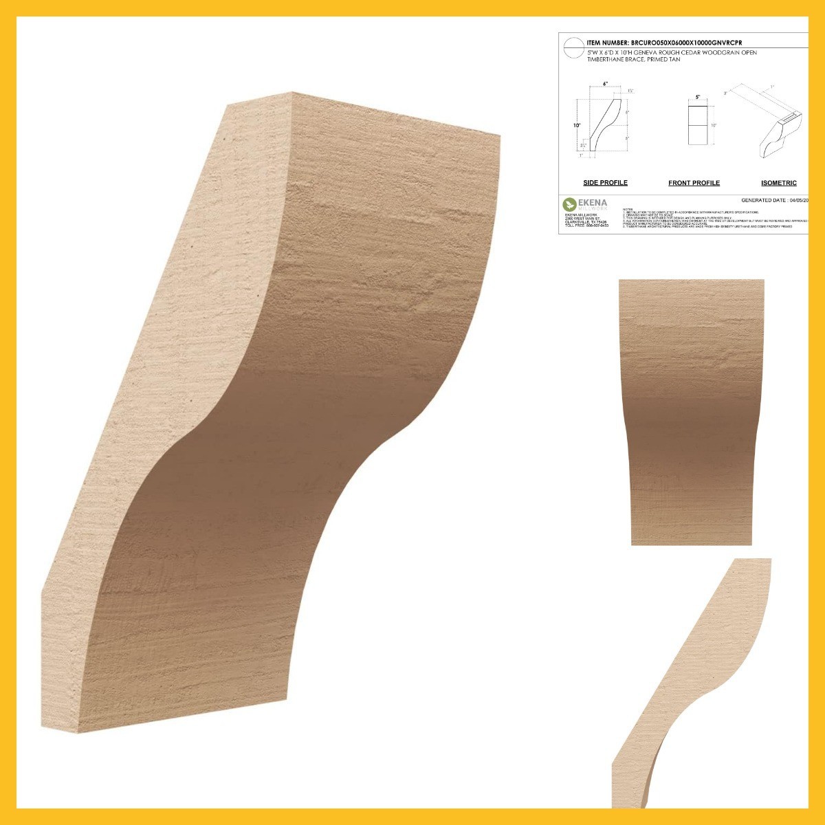 Timberthane Rough Cedar Faux Wood Geneva Knee Brace, 5″W x 6″D x 10″H, Primed Ta