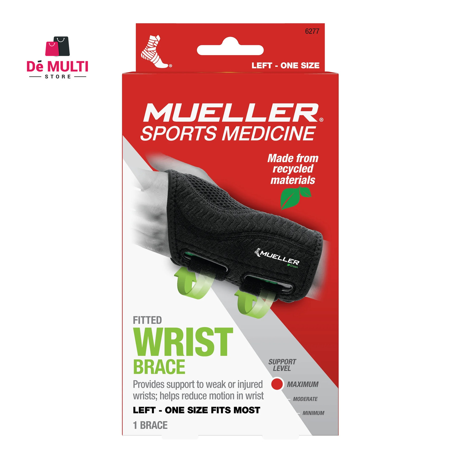 Mueller Green Fitted Wrist Brace, Left Hand, Unisex, One Size Fits Most, Black