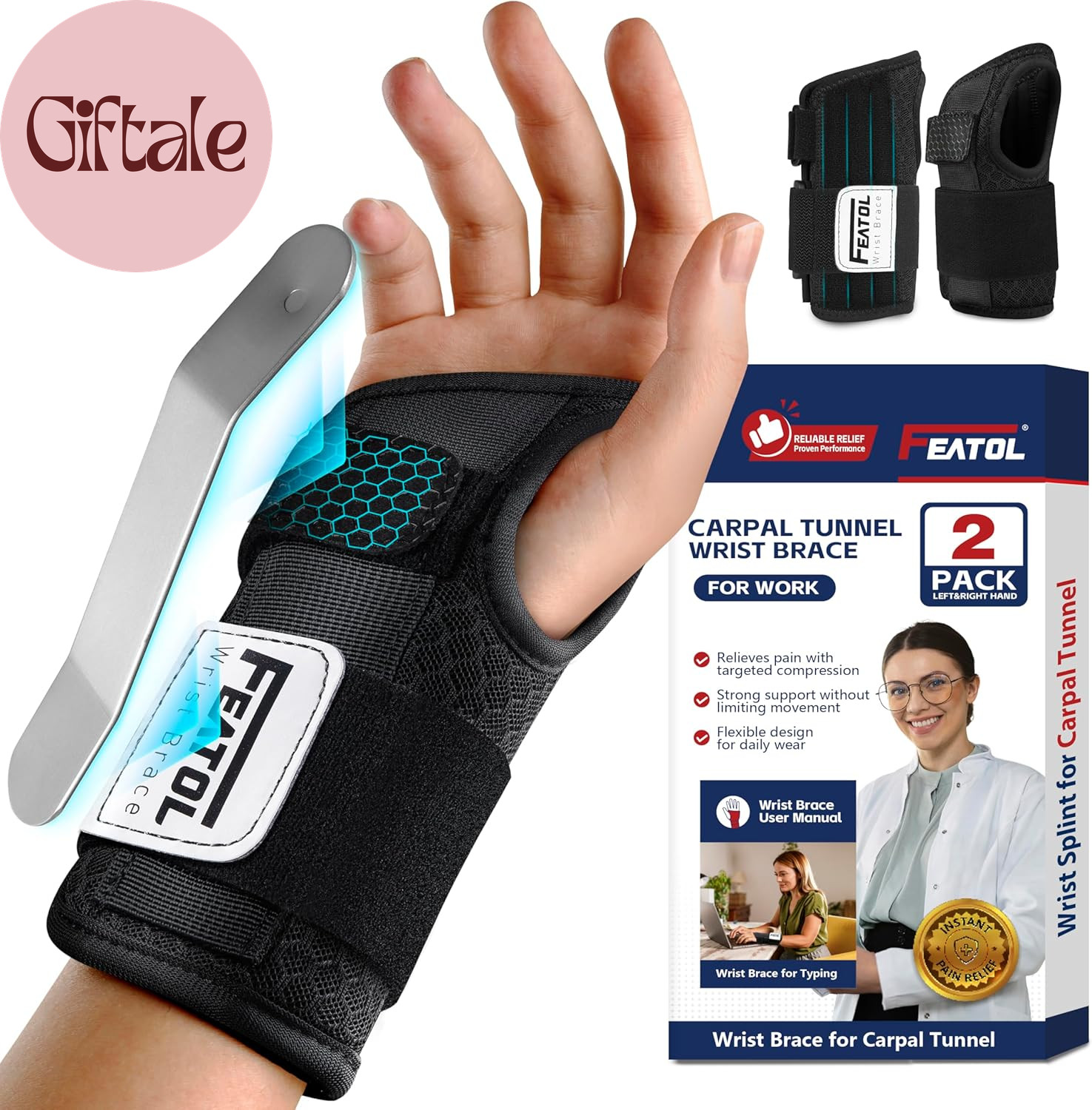 2 Pack Carpal Tunnel Wrist Brace for Work with Wrist Splint, 6.5” Wrist Brace N