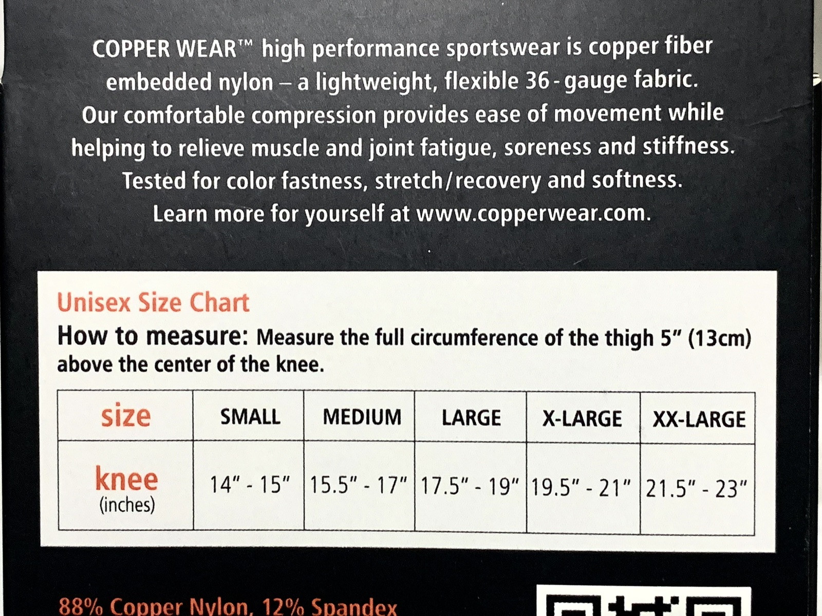 Copper Wear Unisex Compression Knee Sleeve M Medium NIB