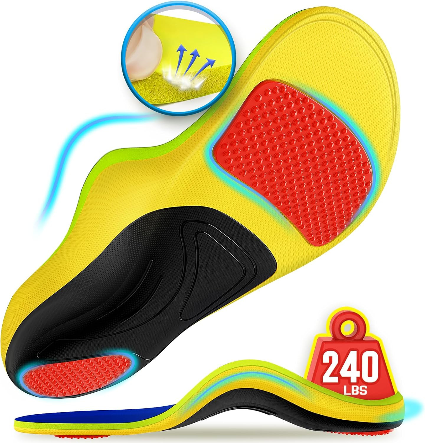 240+Lbs Plantar Fasciitis Insoles Men Women, 100% Memory Foam Comfort Heavy Duty