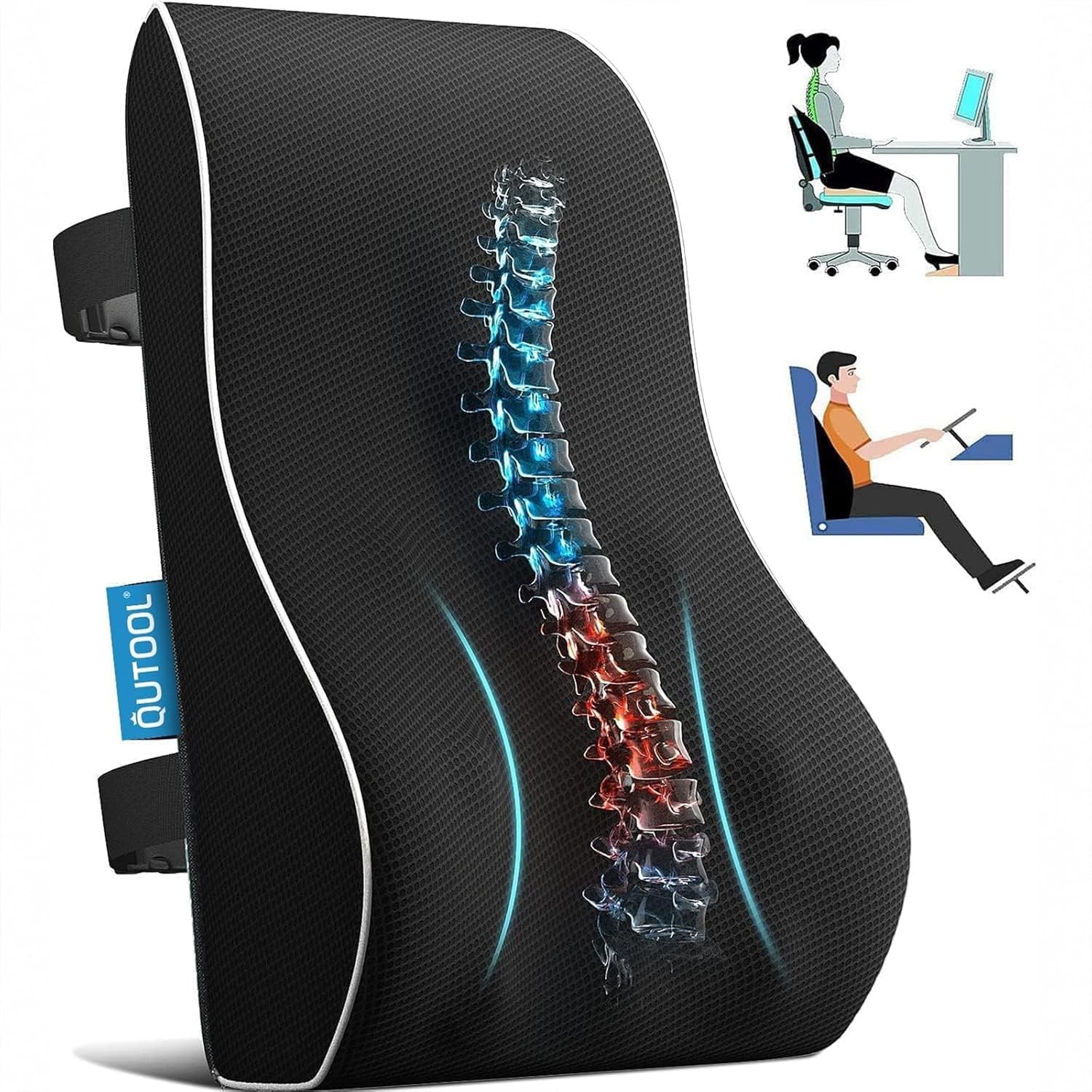 QUTOOL Memory Foam Lumbar Support Pillow Office Chair Car Back Cushion Black