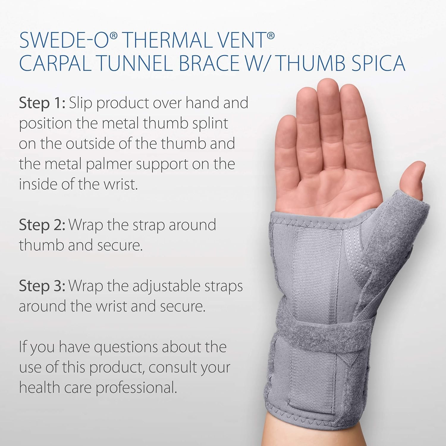 Swede-O 6853 Thermal Vent Carpal Tunnel Thumb Spica Brace L/XL Left Wrist Grey