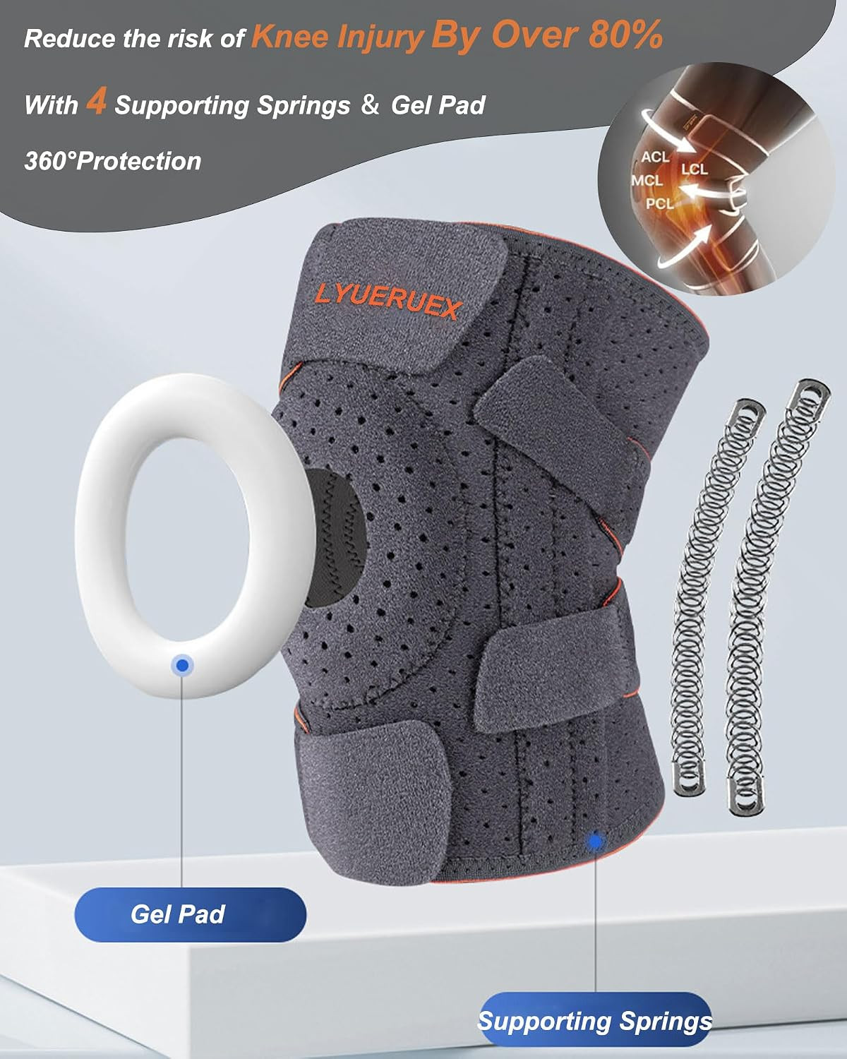 Adjustable Knee Brace with Stabilizers and Gel Pad for Pain Relief