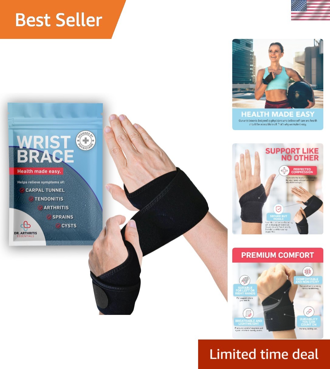 Essentials Carpal Tunnel Wrist Support Brace – Adjustable Cotton Comfort, 2 Pack