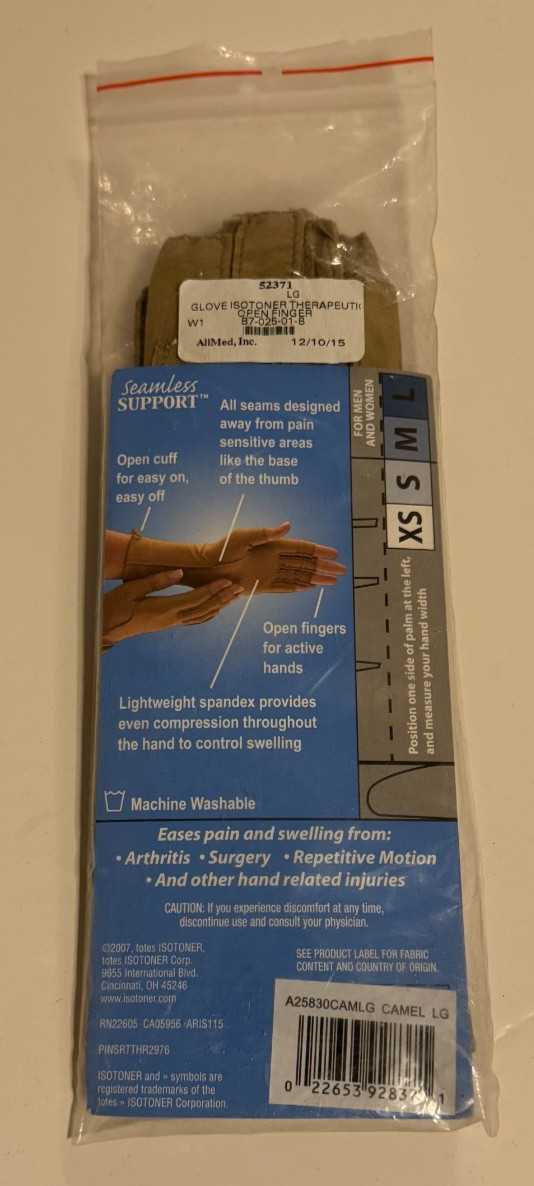 Isotoner Therapeutic Gloves Open Finger Camel Size Large Compression Pain Relief